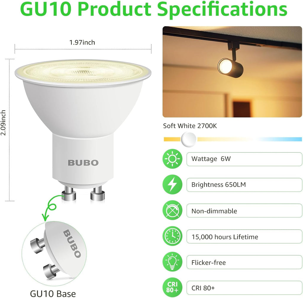 GU10 LED Bulb 6W Equivalent 50W, 2700K Soft White 650 Lumens, Non-Dimmable GU10 Bulb Replacement for Track Lighting