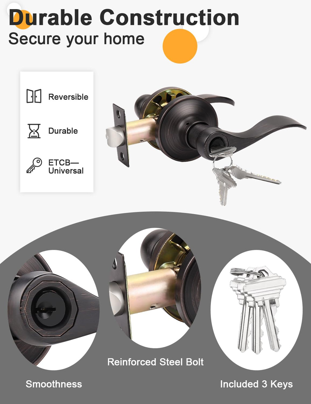 Oil Rubbed Bronze Keyes Entry Door Locks Wave Handle Lever, 1Pack