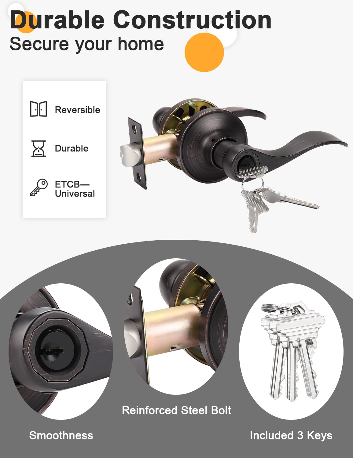 Oil Rubbed Bronze Keyes Entry Door Locks Wave Handle Lever, 1Pack