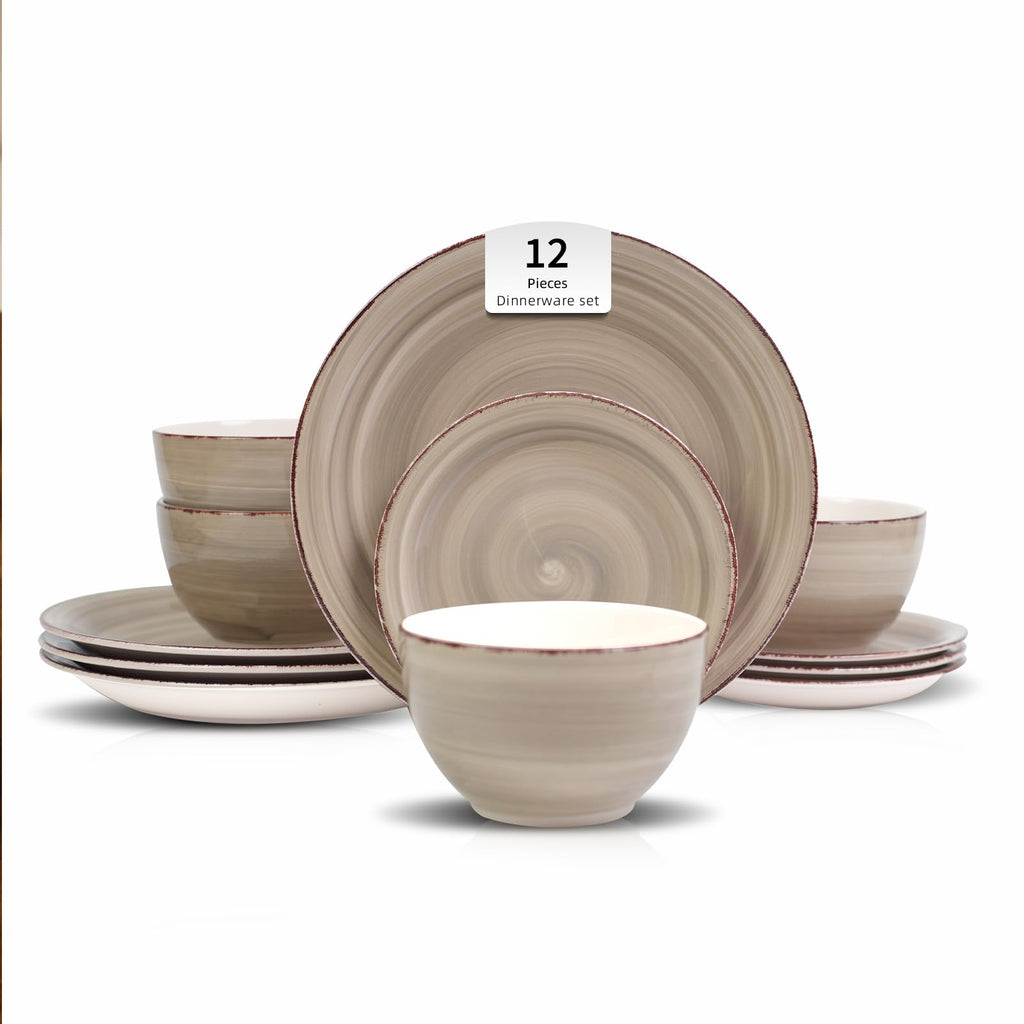 Stoneware Dinnerware Set, 12 Piece Service for 4, Plates and Bowls with 10.5" Dinner Plates, 8" Salad Plates, 5.5"