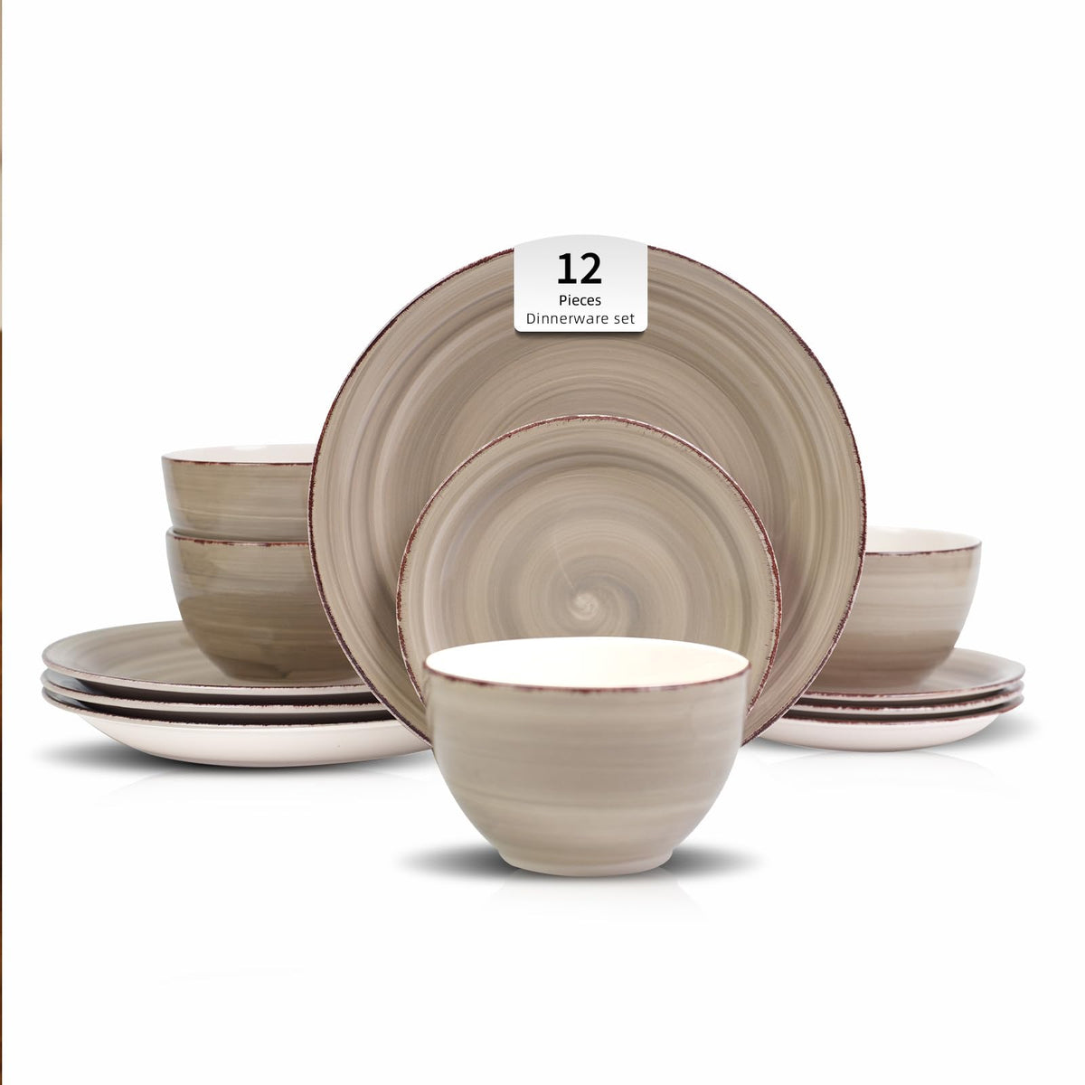 Stoneware Dinnerware Set, 12 Piece Service for 4, Plates and Bowls with 10.5" Dinner Plates, 8" Salad Plates, 5.5"