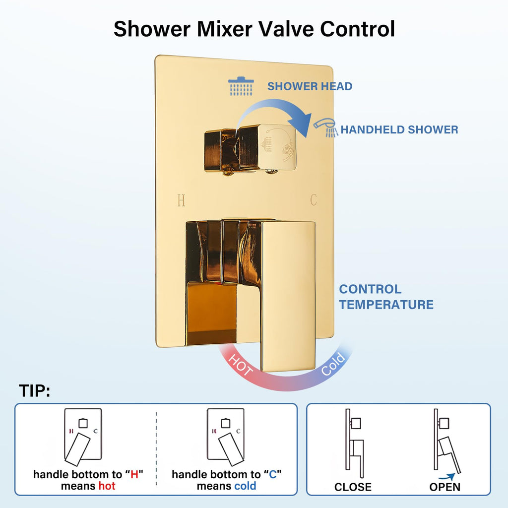 Polished Gold Shower System 12 Inch LED Square Rainfall Shower Head Ceiling Mount Shower Faucet Set with Hand Sprayer