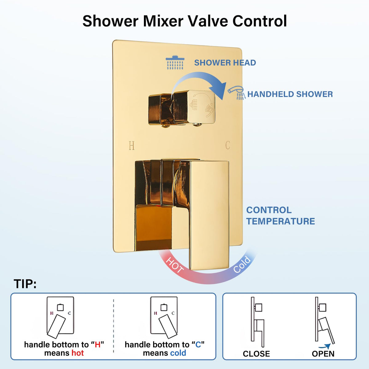 Polished Gold Shower System 12 Inch LED Square Rainfall Shower Head Ceiling Mount Shower Faucet Set with Hand Sprayer