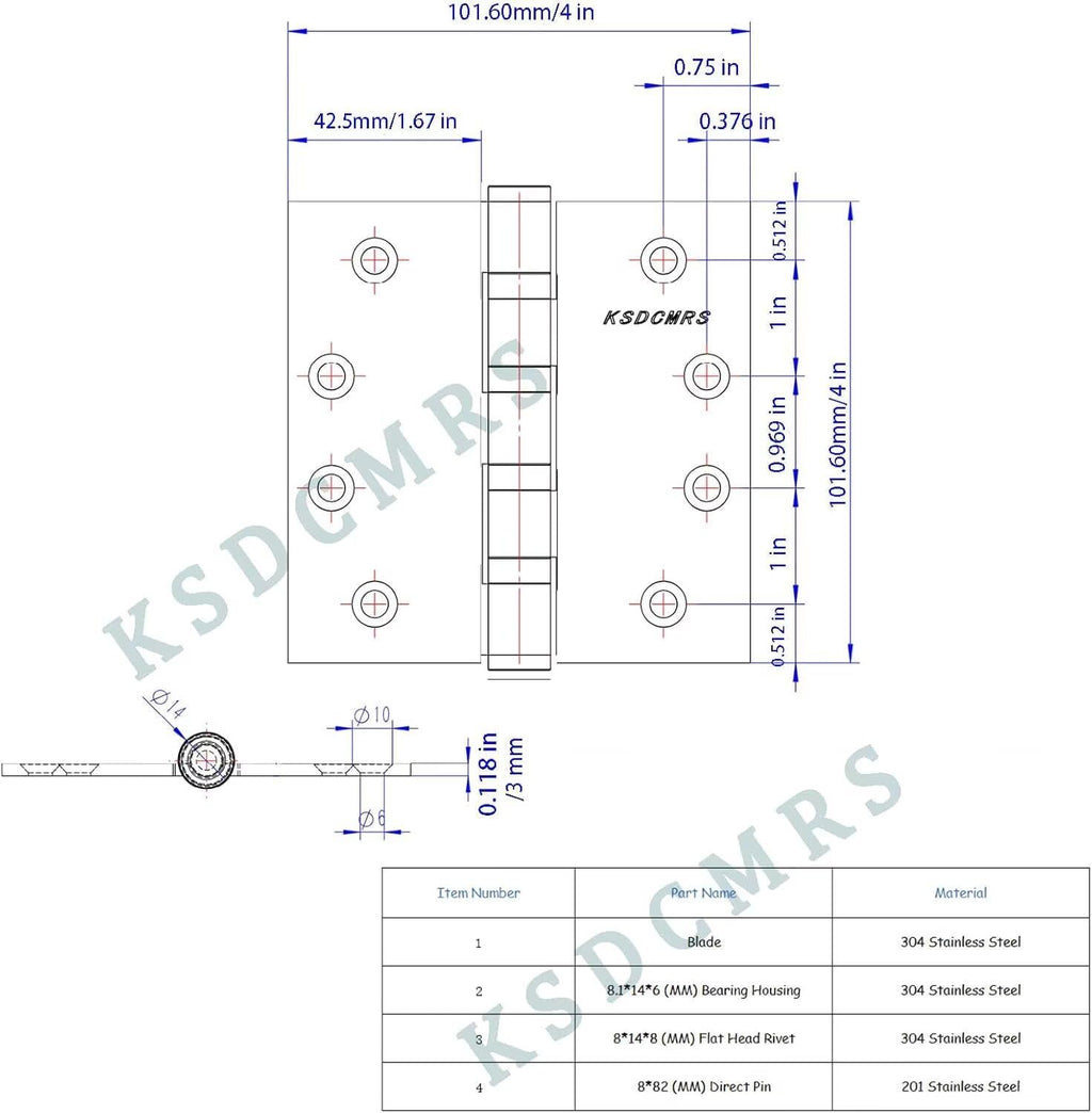 Satin Brass 4 inch Stainless Steel Door Hinges, Heavy Duty Interior/Exterior Door Hinge, Rust-Proof, 304 SS Ball