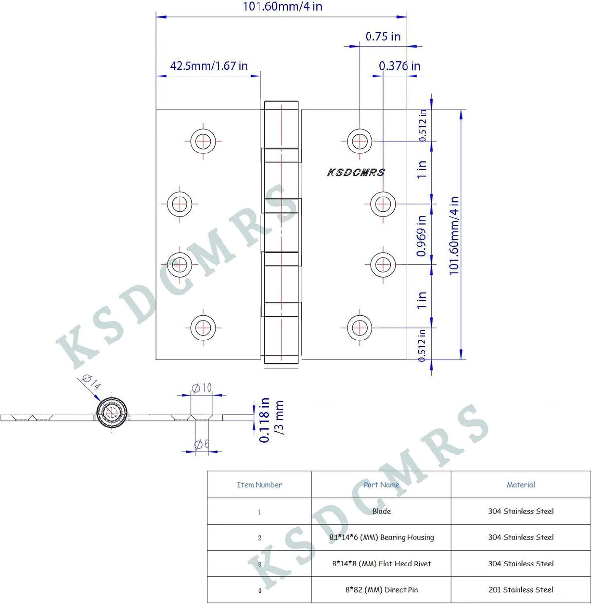 Satin Brass 4 inch Stainless Steel Door Hinges, Heavy Duty Interior/Exterior Door Hinge, Rust-Proof, 304 SS Ball