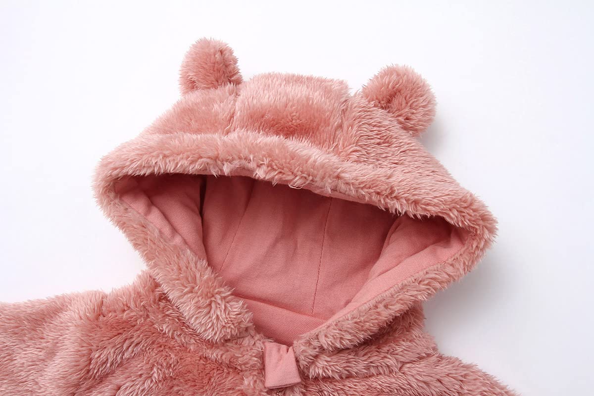 Girl's Winter Polar Fleece Playsuit Cozy Lined Loose Fit Warm Hooded Romper for Baby Toddler Pink