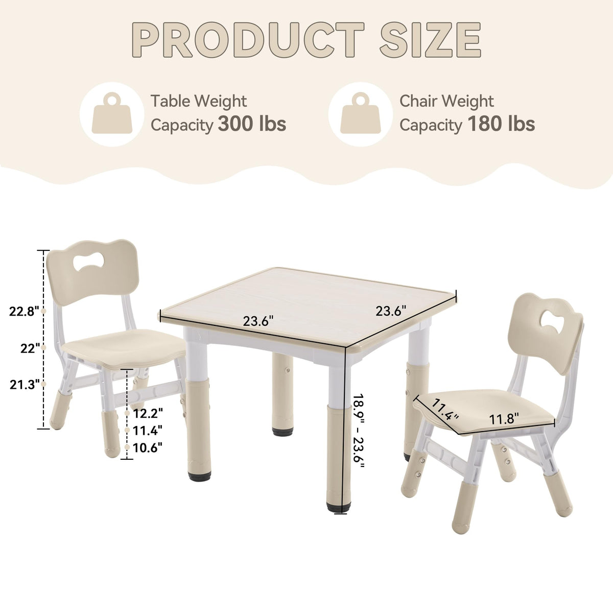 Kids Study Table and Chairs Set, Height Adjustable Toddler Table and Chair Set for Kids Ages 3-8, 23.6" L x 23.6" W