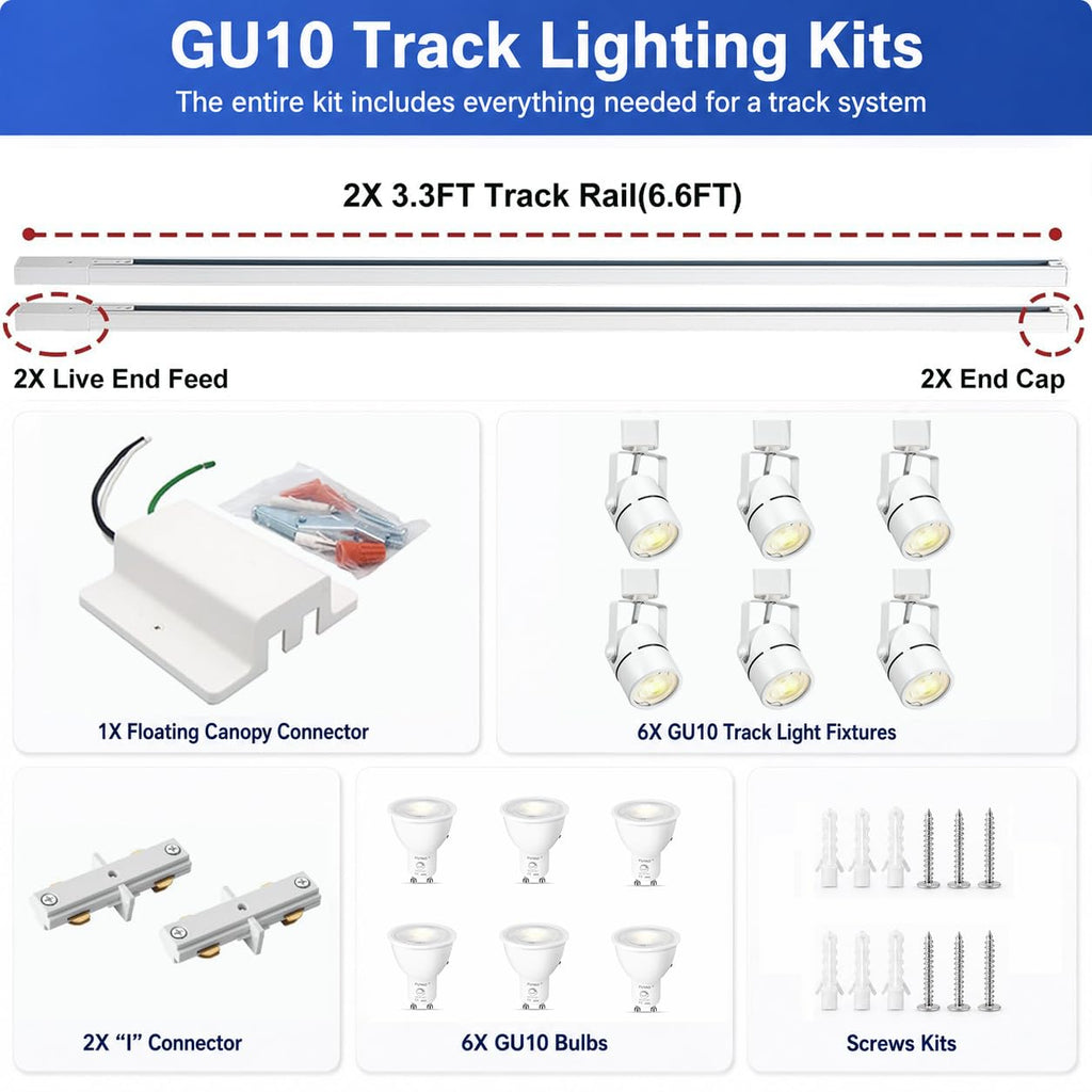 6FT LED Track Lighting Kit with 3-Color GU10 Bulbs, Dimmable 6 Lights White