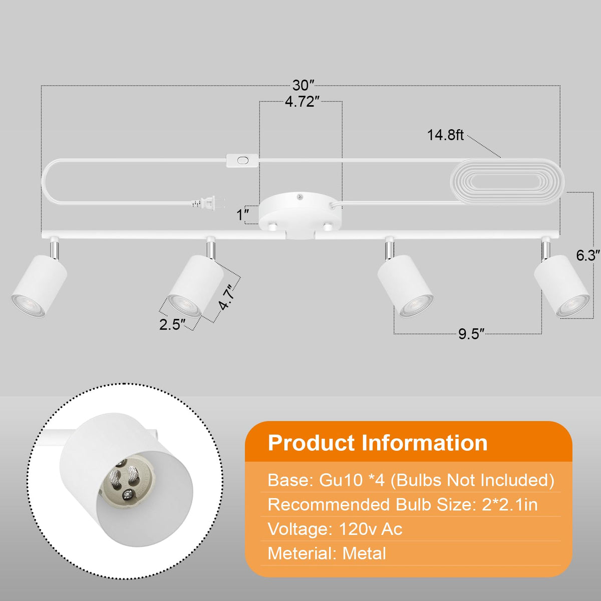 Track Lighting Plug in, LED Track Lighting Fixtures Ceiling Kit, White 4-Light Ceiling Light Plug-in, Wall Light