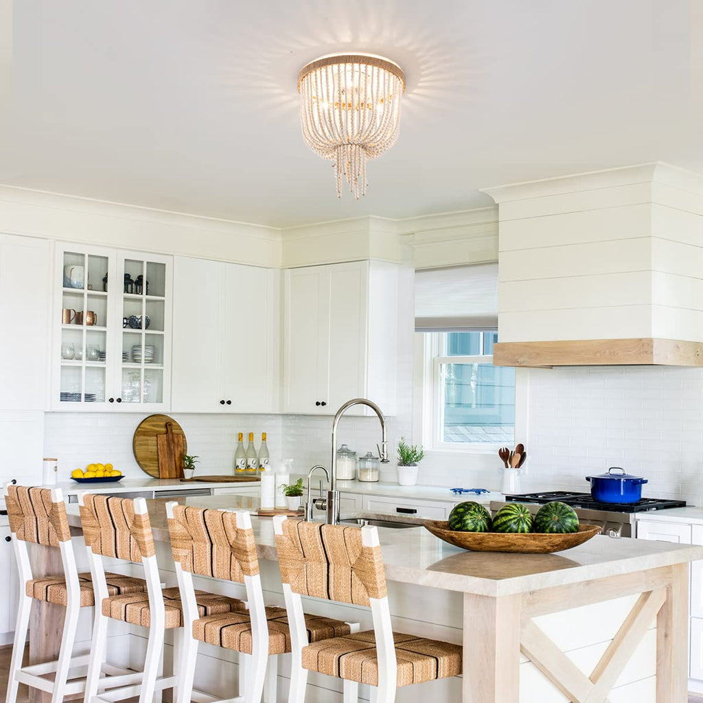 Wood Beaded Flush Mount Ceiling Light Bohemia Antique Rustic 3 Lights Mini Farmhouse Chandelier Kitchen Island Dining