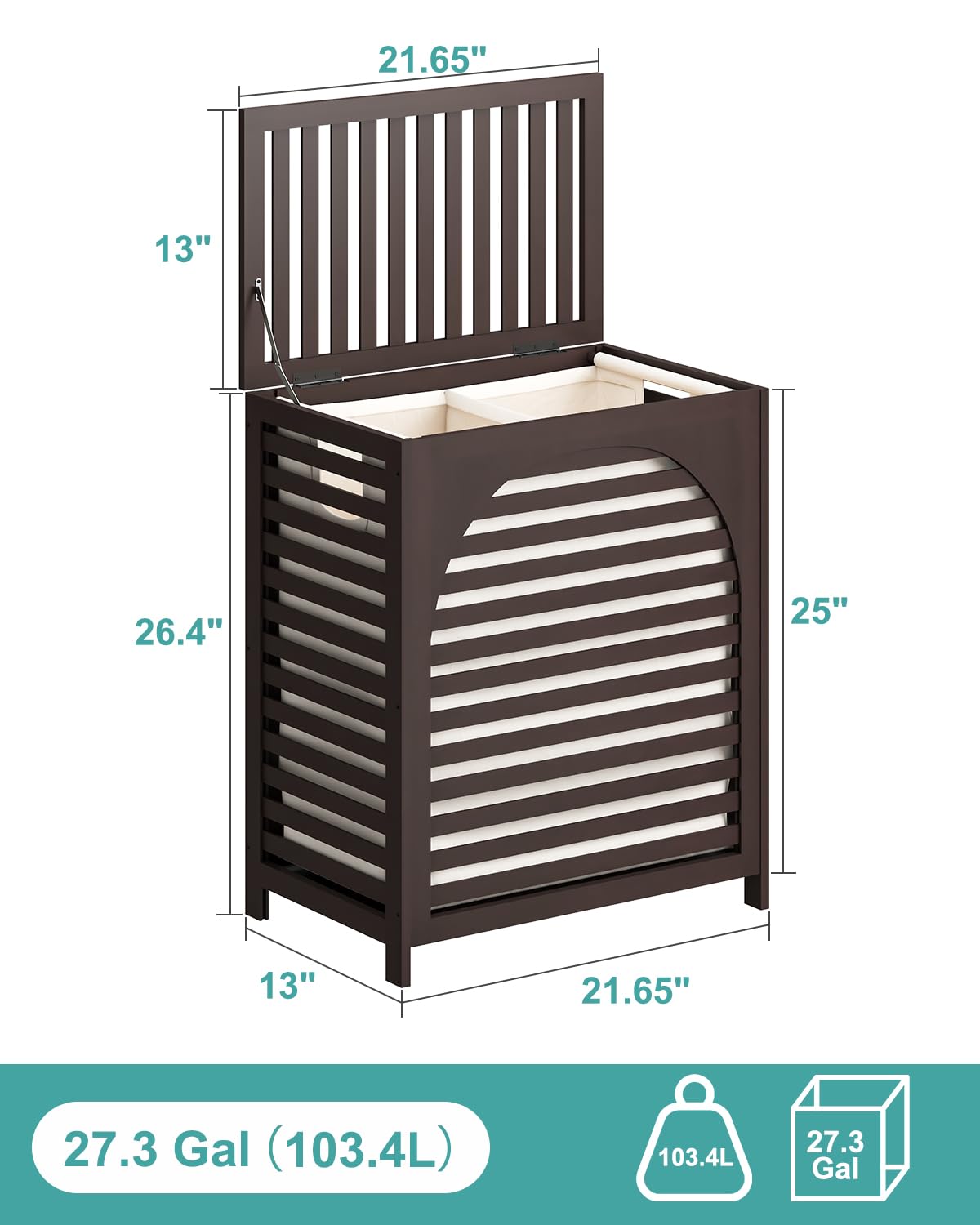 Hamper, 27.3 Gallon (103L) Bamboo Wood Clothes Laundry Basket with Lid and Handles, Removable Liner