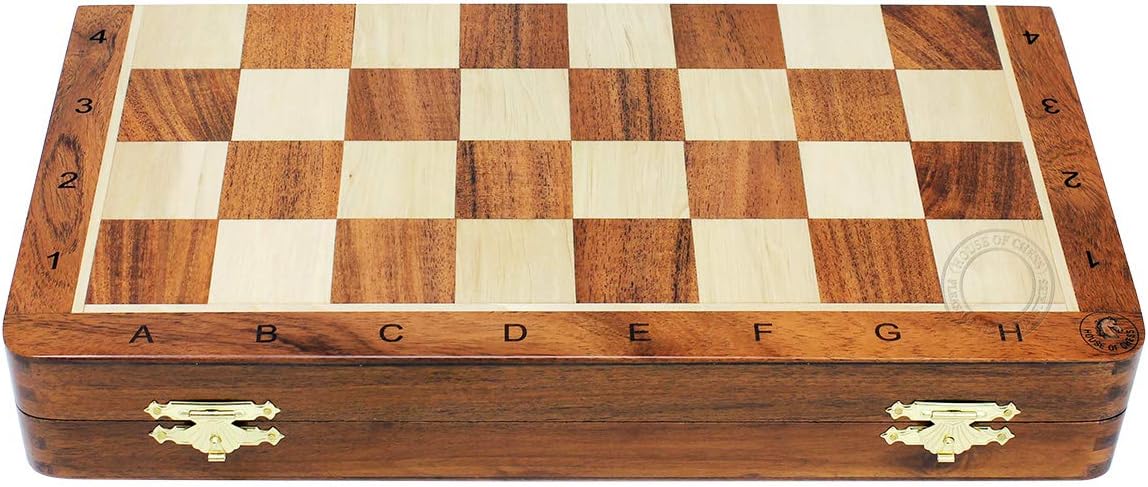 Victorian Staunton Golden Acacia Wood Chess Set - 14 x 14 Inches Wooden Folding Chess Board with Algebraic Notation