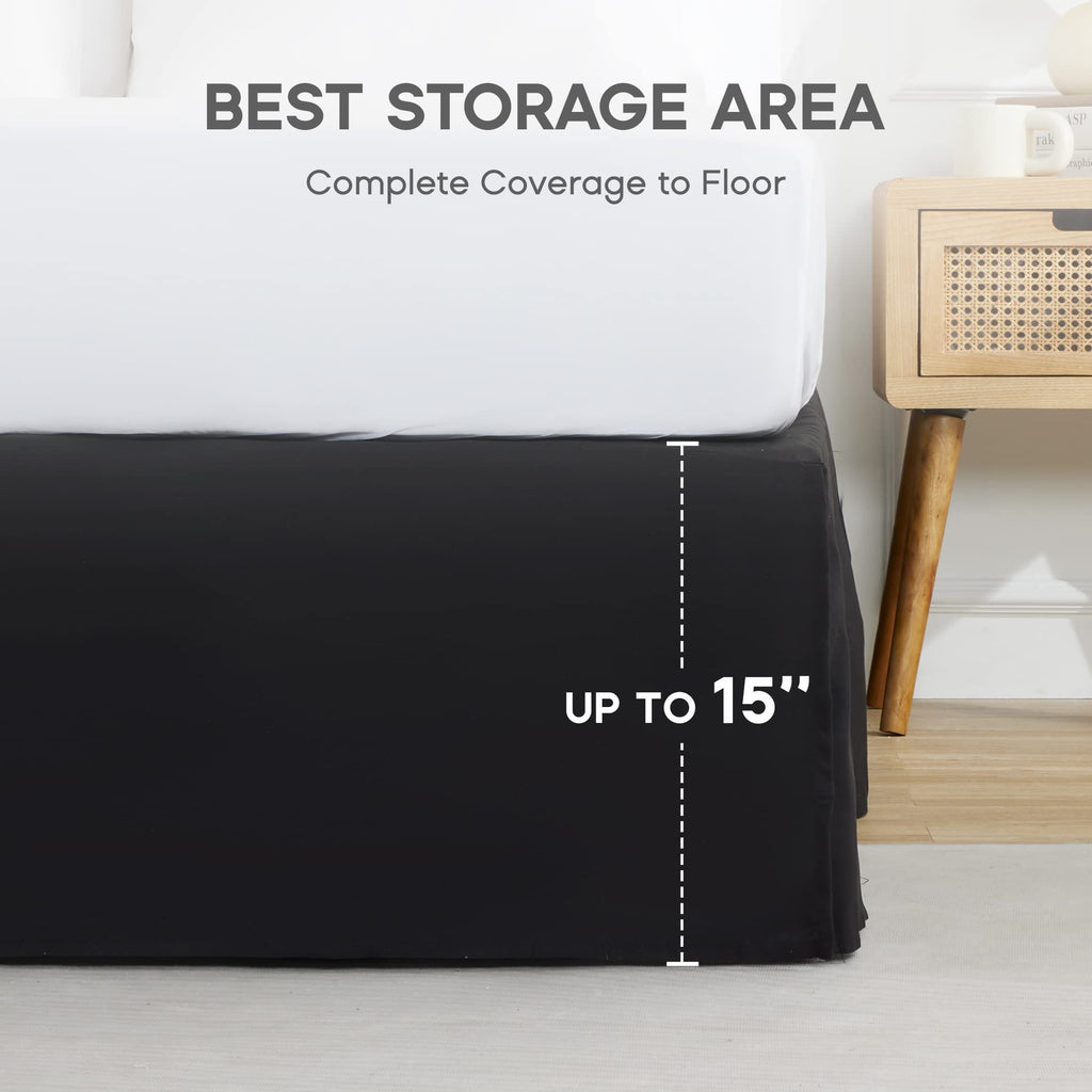 Bed Skirt, 15" Drop Pleated Dust Ruffle Brushed Microfiber Black