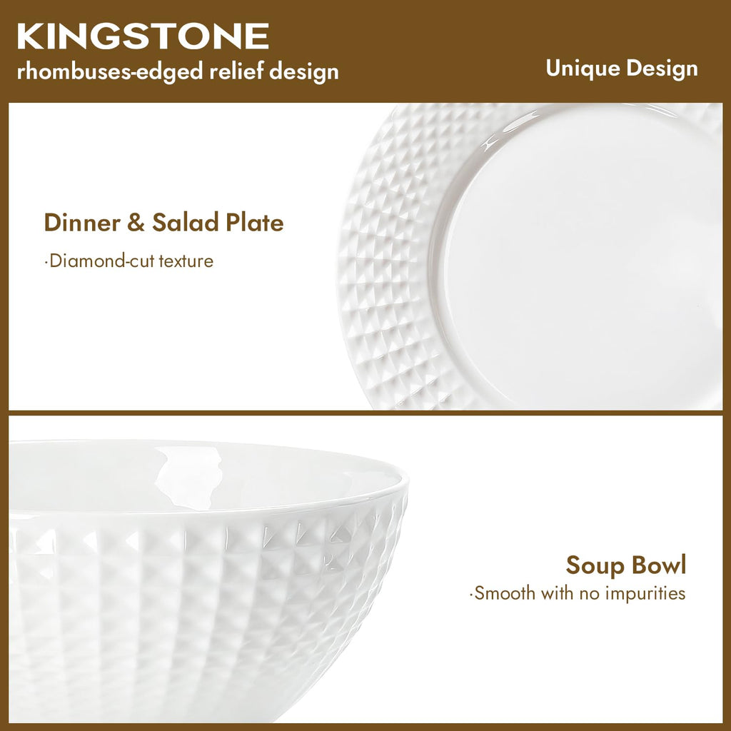 24Pc Rhombus Edge White Bone China Set, Service for 8