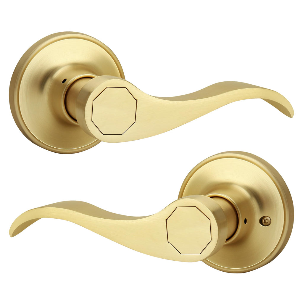 Brushed Gold Wave Style Passage Door Handle Without Keys, Non-Locking Door Lever /Closet in Satin Brass Finish, No