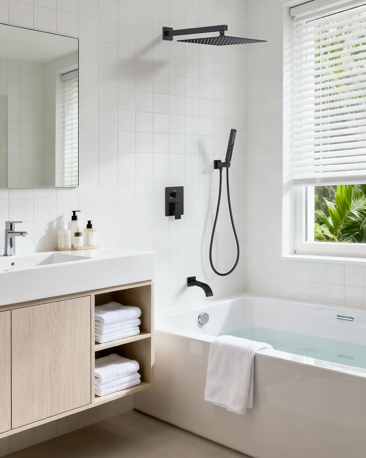 Shower System with Tub Spout, Bathtub Shower Faucet Set Matte Black