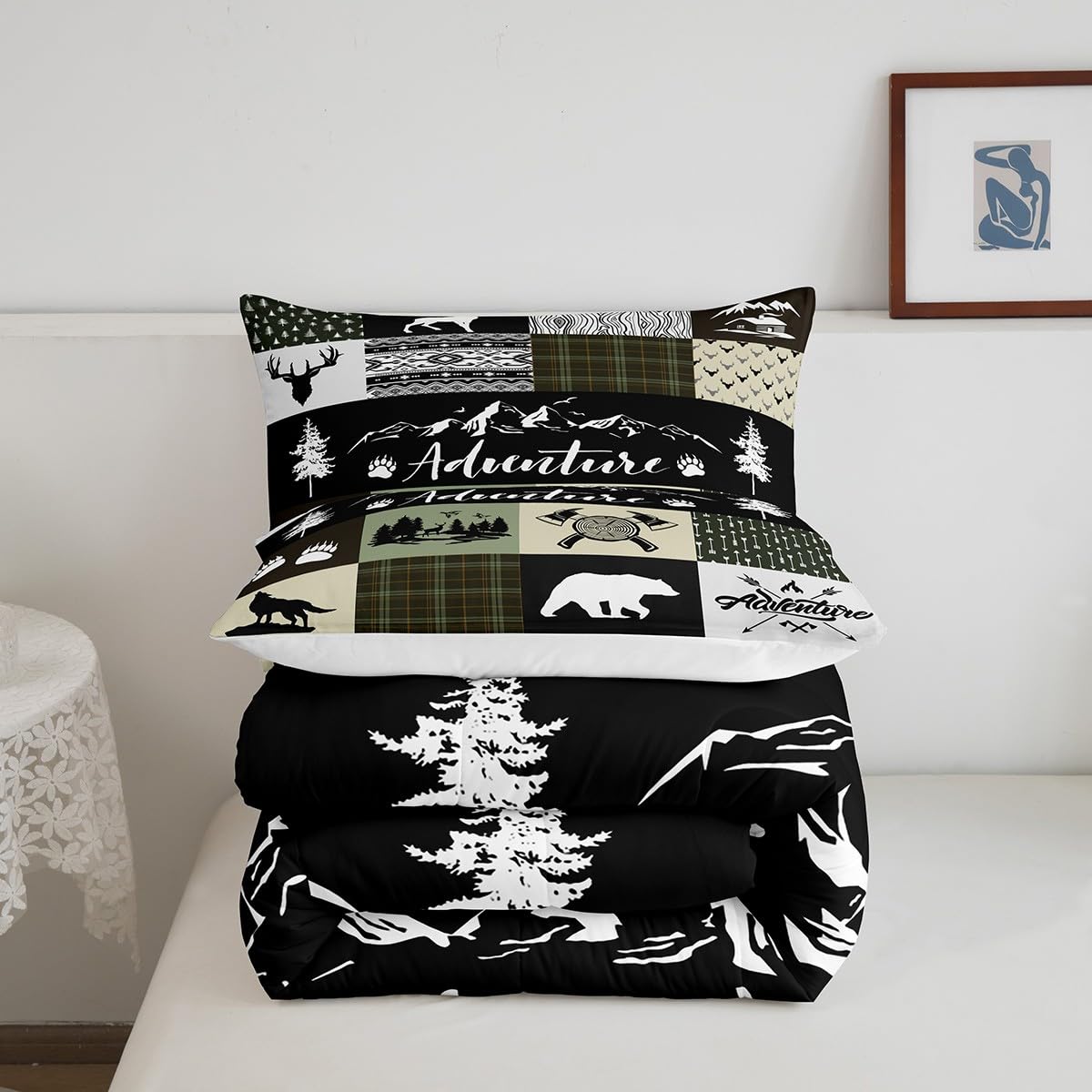 Rustic Farmhouse Comforter Set, Bear Deer Wolf Wild Animals Patchwork Bedding Set All Season Quilt Set, Cabin