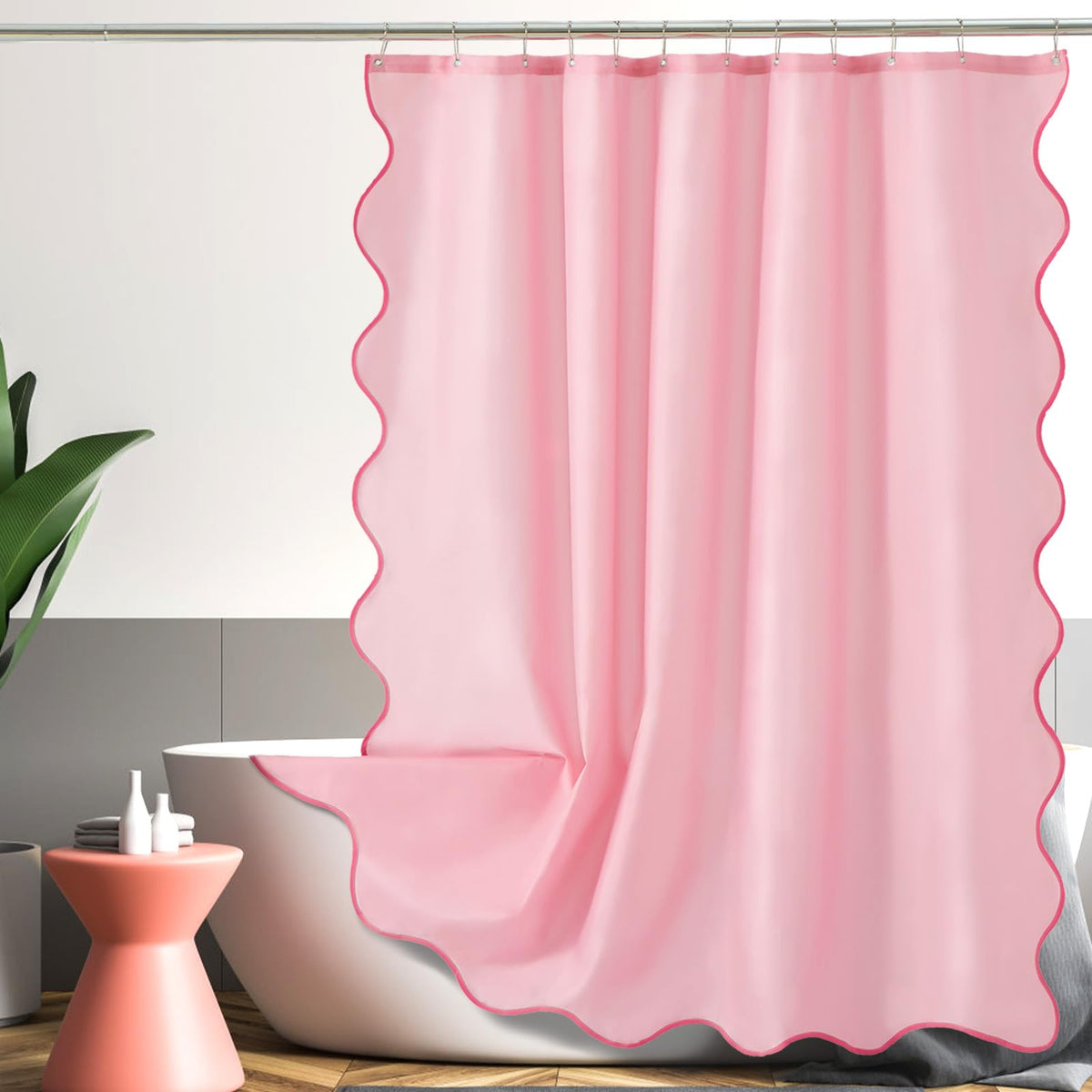 Pink Scalloped Shower Curtain 72 W x 84 H Inch Extra Long, Cute Pink Ruffle Shower Curtains Boho Aesthetic Preppy