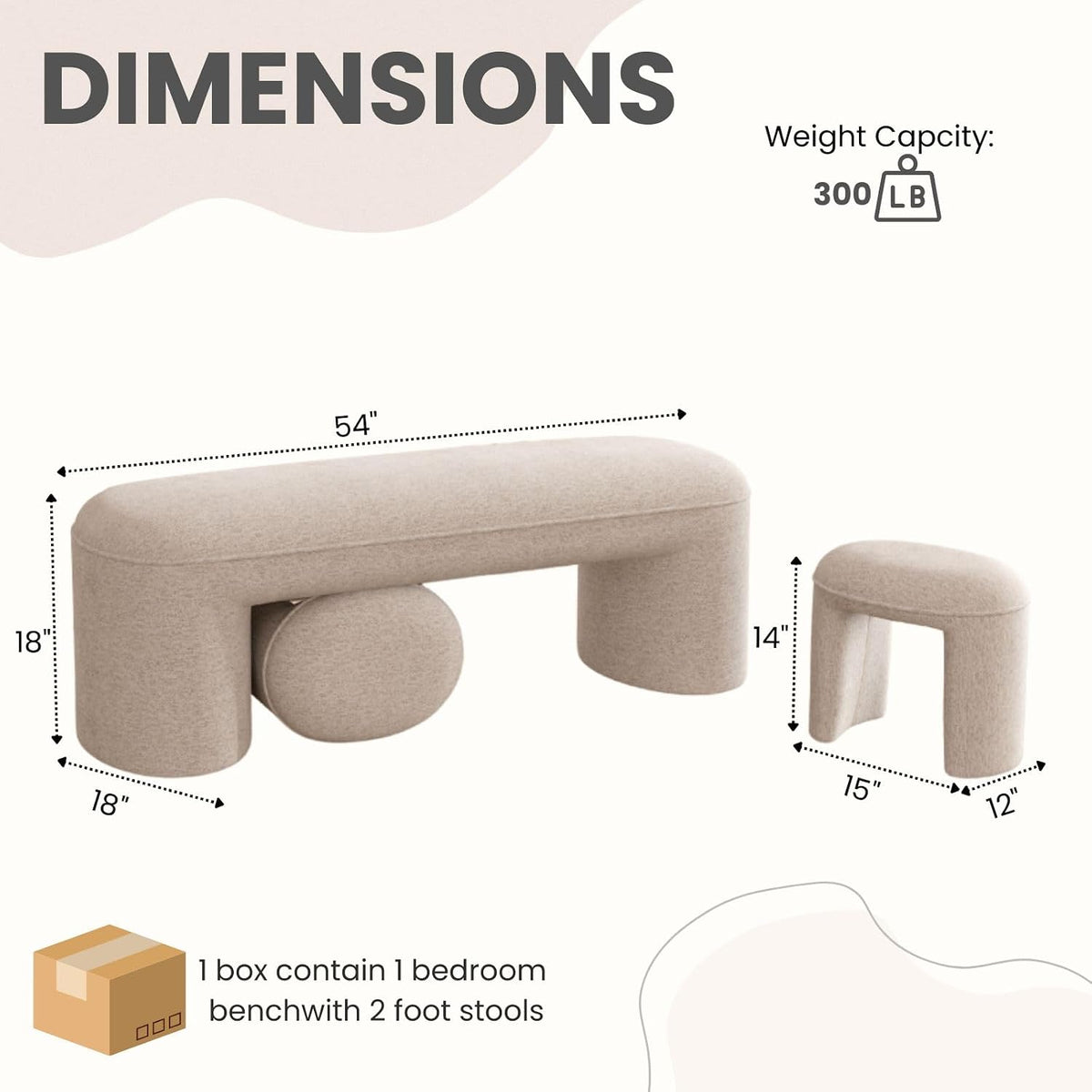 53" Upholstered End of Bed Bench with 2 Nesting Ottoman Stools, Modern Chenille Bedroom Bench for King/Queen Bed
