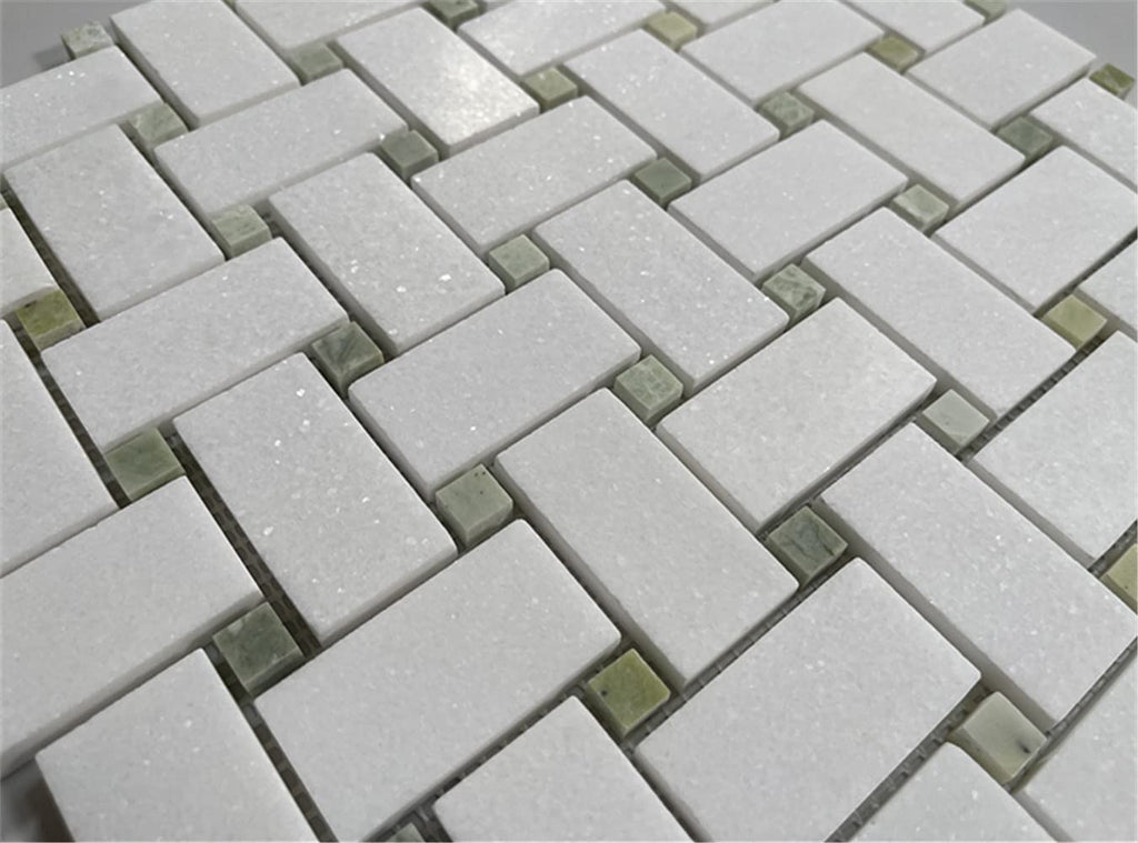 Thassos White Marble 1x2 Basketweave Mosaic Tile w/Green Jade Dots Honed Kitchen Bath Wall Floor Backsplash Shower (1