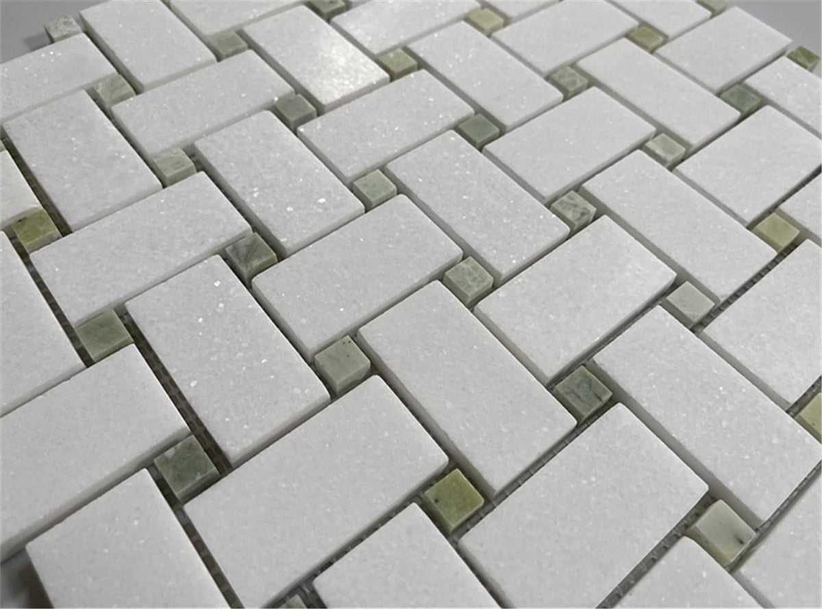Thassos White Marble 1x2 Basketweave Mosaic Tile w/Green Jade Dots Honed Kitchen Bath Wall Floor Backsplash Shower (1