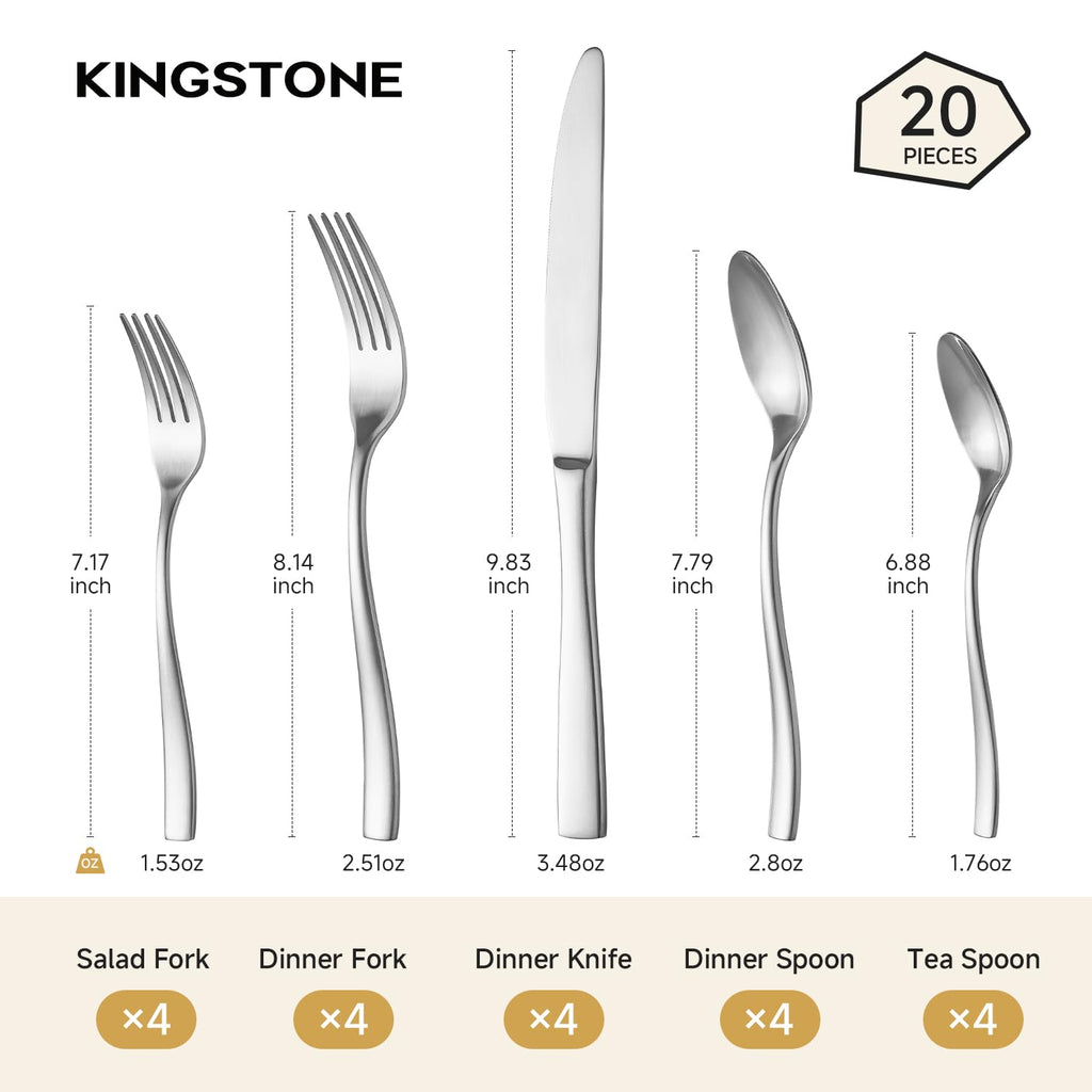 20-Piece Flatware Set for 4, Matte Stainless Steel Utensil Set with Forks, Knives, Spoons, Dishwasher Safe, Rust