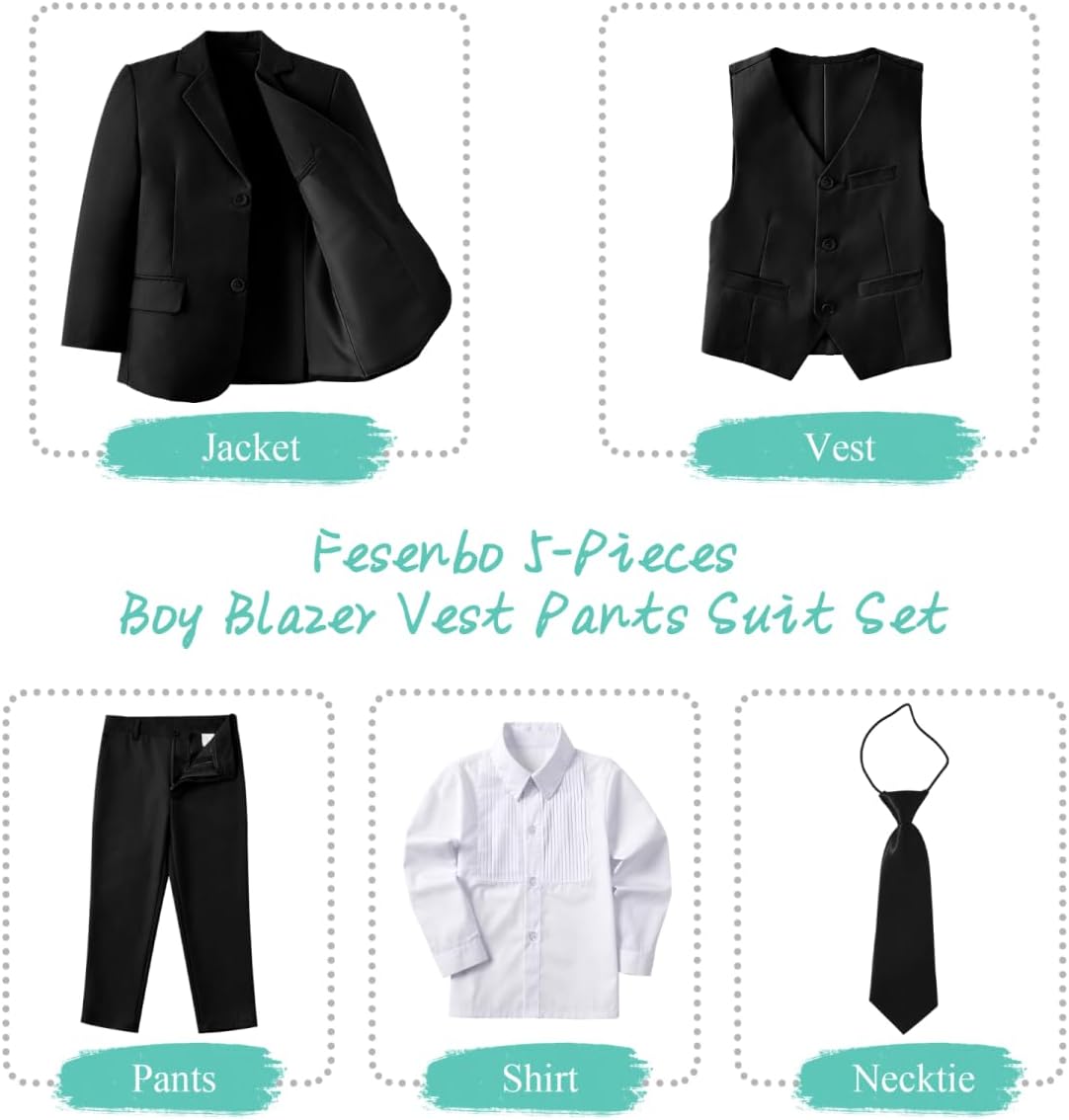 Boy's Suit Formal Slim Fit 5 Pieces Toddler Suit Set Wedding Outfit