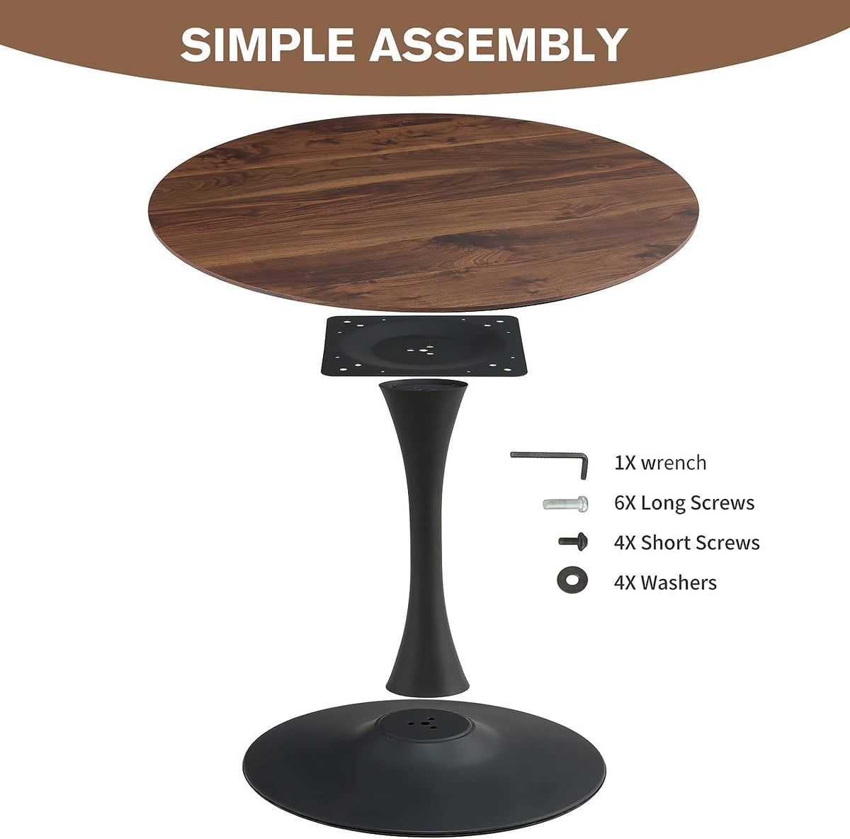 Inspired Saarinen Style 42 Inch Walnut Round Dining Table for 4, Tulip Dining Table with Thickened Tabletop & Sturdy Metal Pedestal, Mid