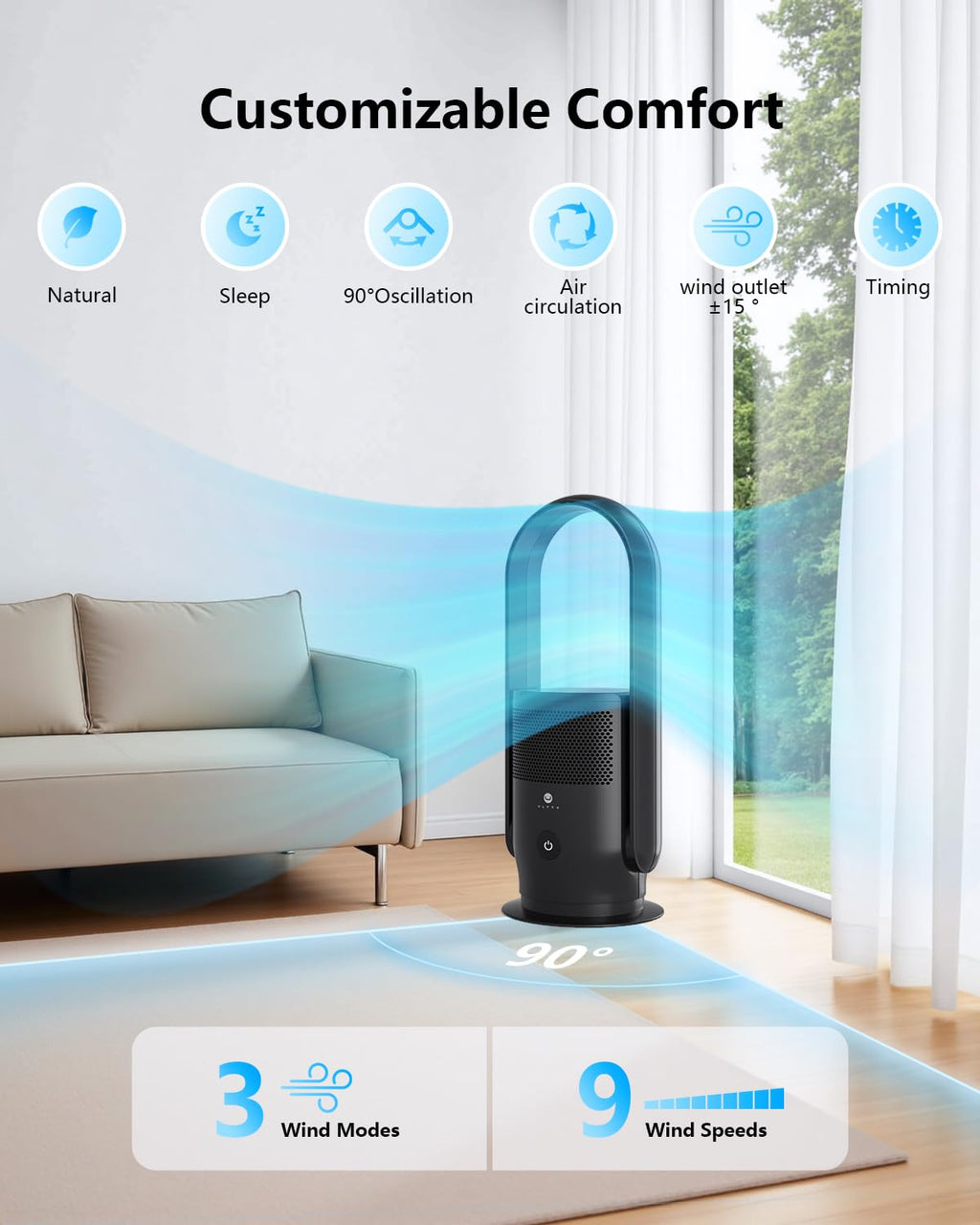 Bladeless Tower Fan and Air Purifier Combo, Quiet Oscillating Fan with Remote & Touch Control, 9 Speeds, 8H Timer