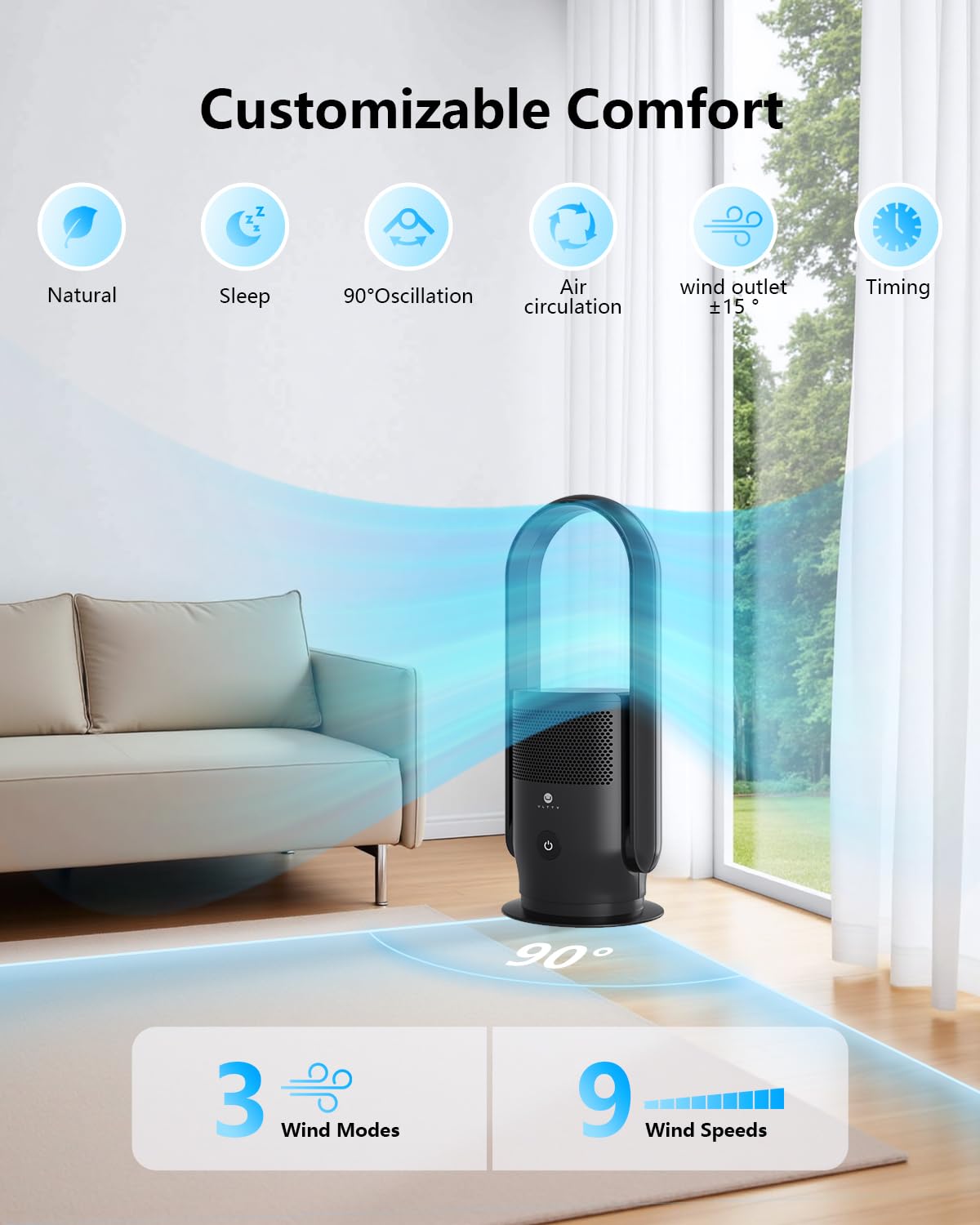 Bladeless Tower Fan and Air Purifier Combo, Quiet Oscillating Fan with Remote & Touch Control, 9 Speeds, 8H Timer