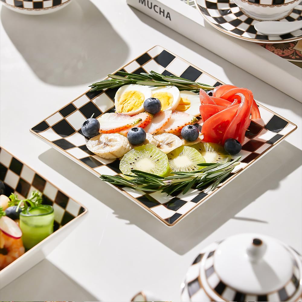 Checker Porcelain Square Dinnerware Set for 4, Dishes Set for 4 with 3.3-inch Dipping Saucers, Black and White Plates