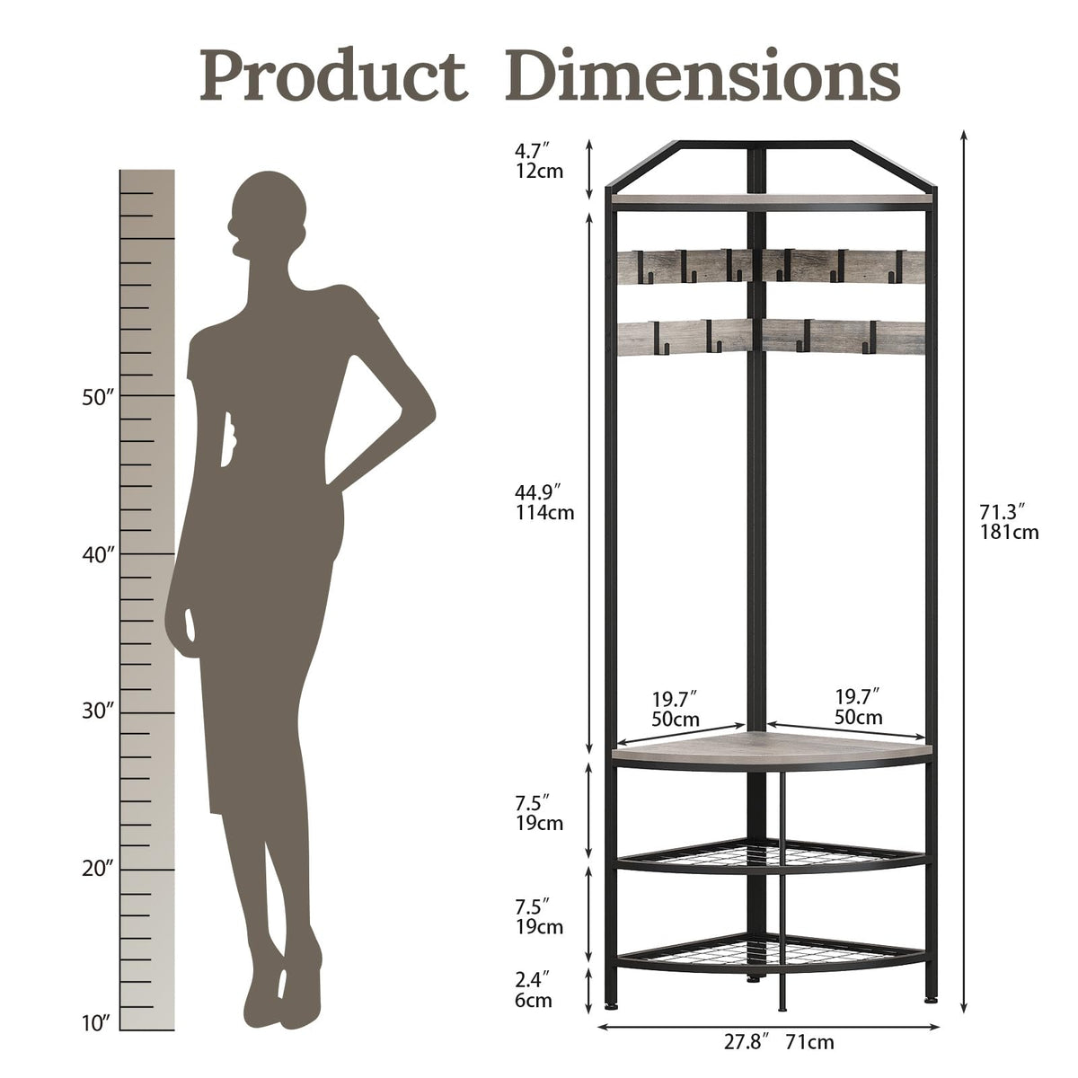 Grey Corner Hall Tree with Shoe Bench Entryway Coat Rack with 10 Metal Movable Hooks Rustic Farmhouse Floorstanding