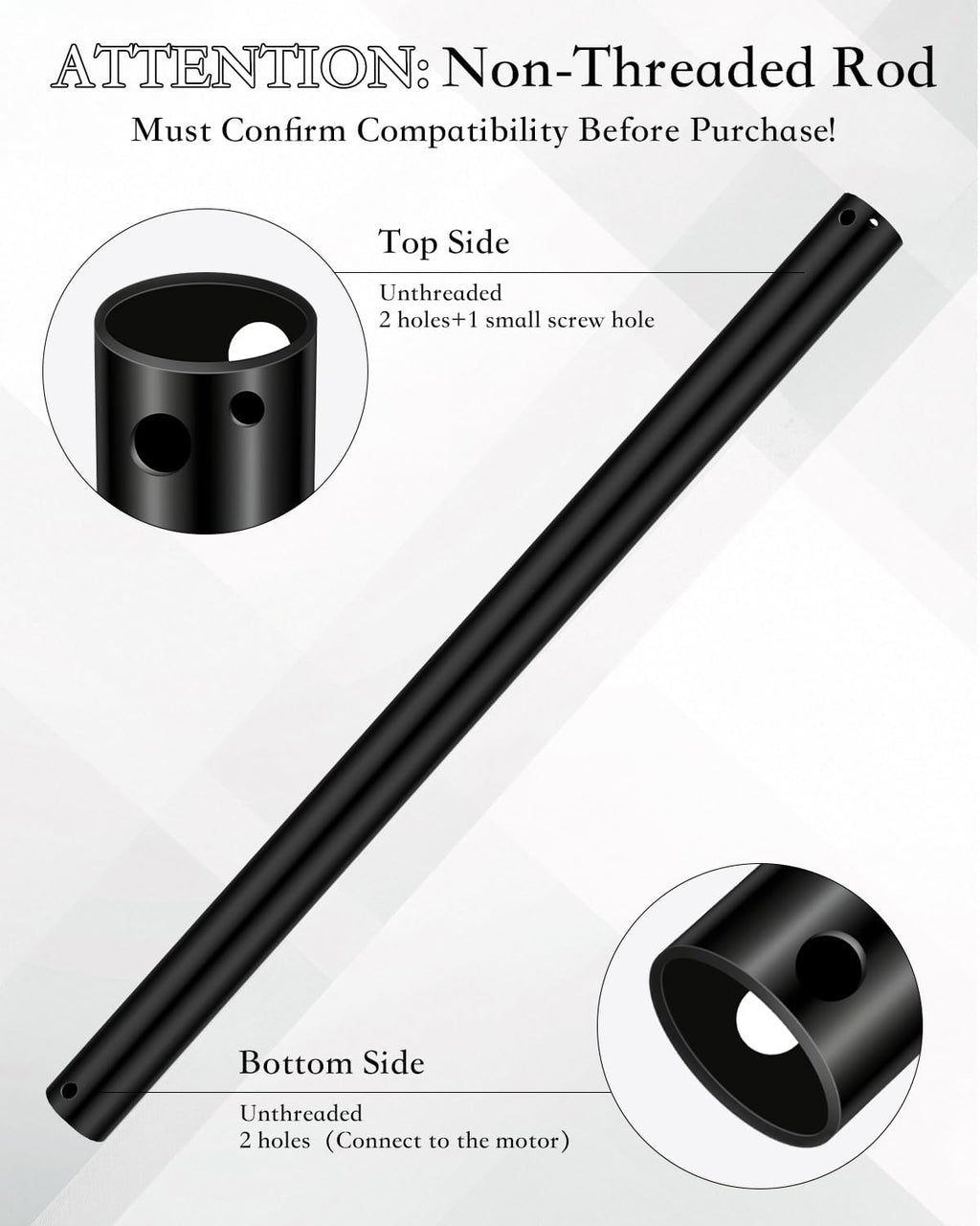 36" Ceiling Fan Extension Downrod, 3 ft, Matte Black, Non-Threaded