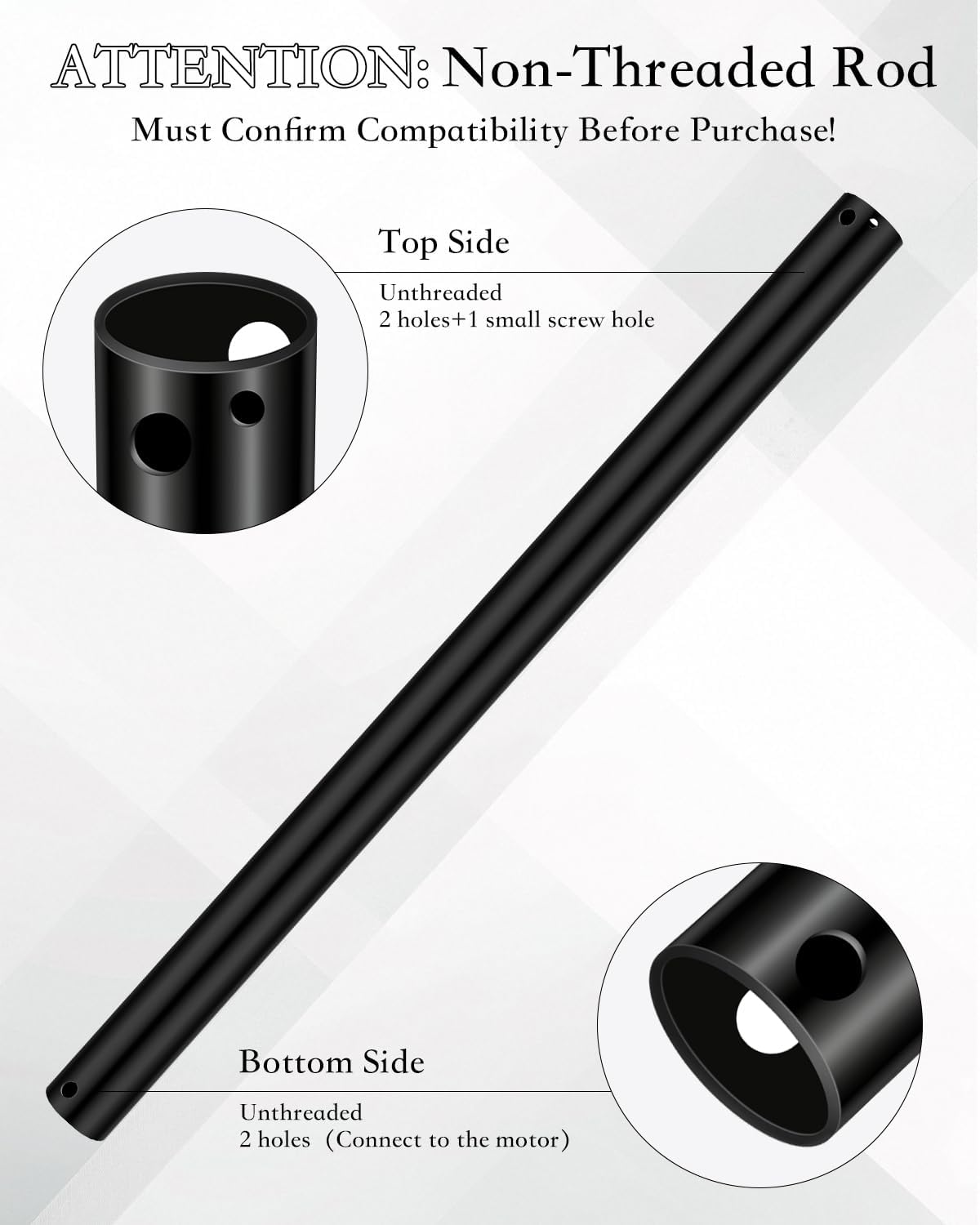 36" Ceiling Fan Extension Downrod, 3 ft, Matte Black, Non-Threaded