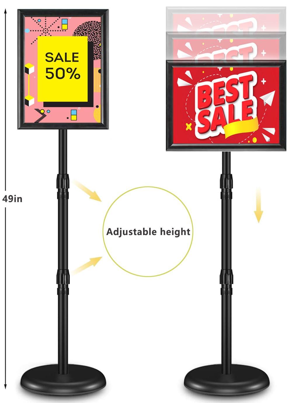 Adjustable Sign Holder Stand 8.5x11 inch, Floor Standing Sign Holder, 360° Rotation, Signage Stand with Snap-Open