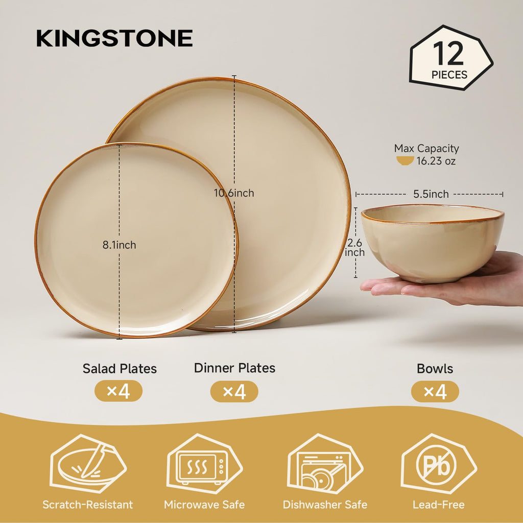 Stoneware Dinnerware Sets for 4, Reactive Glaze Plates and Bowls, Beige