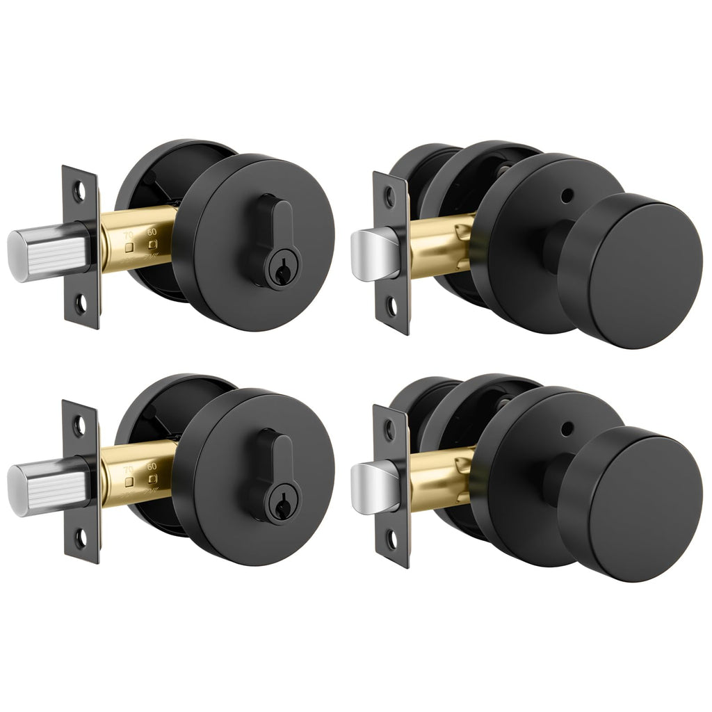 Black Door Knobs with Deadbolt, Zinc Alloy Exterior Front Door Knobs and Single Cylinder Deadbolt, Matte Black Front