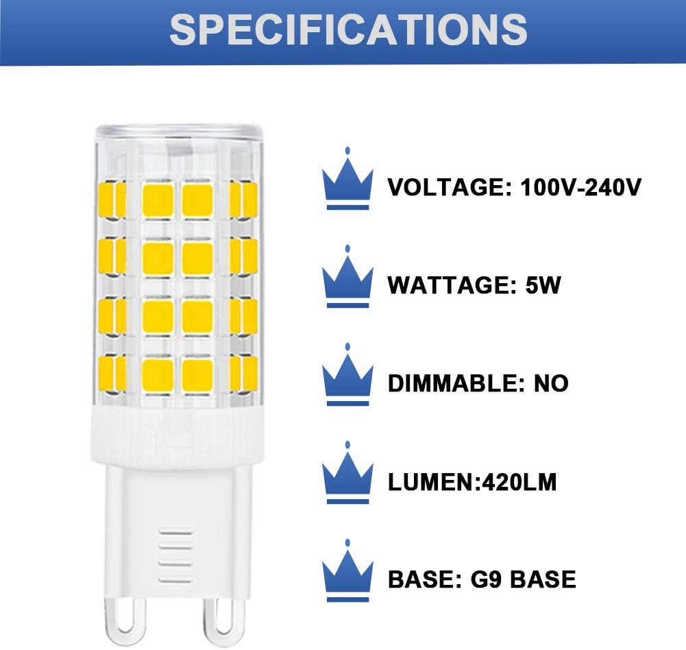 G9 LED Bulb 5W, 40W G9 Halogen Bulb Replacement, 420LM, Daylight White 6000K, AC100V-240V, G9 Base Non-Dimmable Light