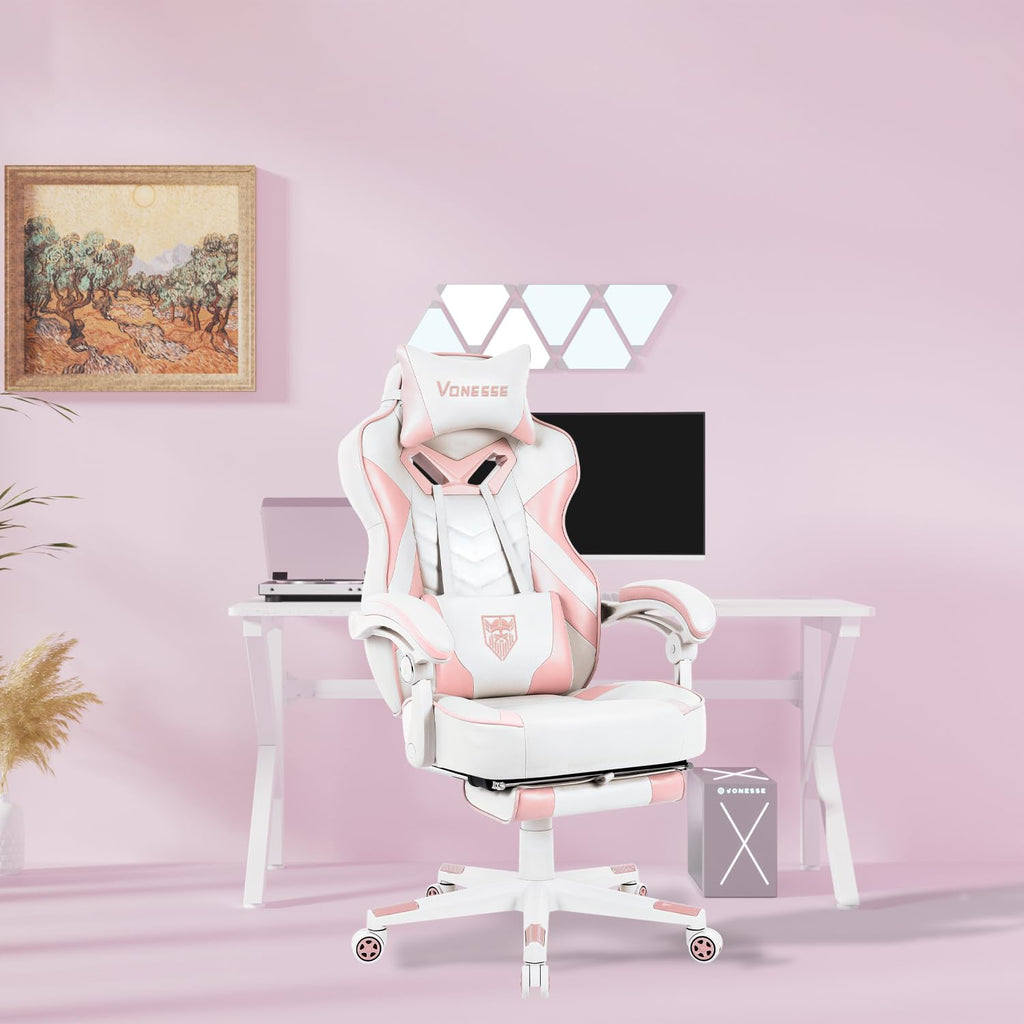 Pink Gaming Chair, Big and Tall Gaming Chair with Footrest and Massage, Gaming Chairs for Adults with Lumbar Support