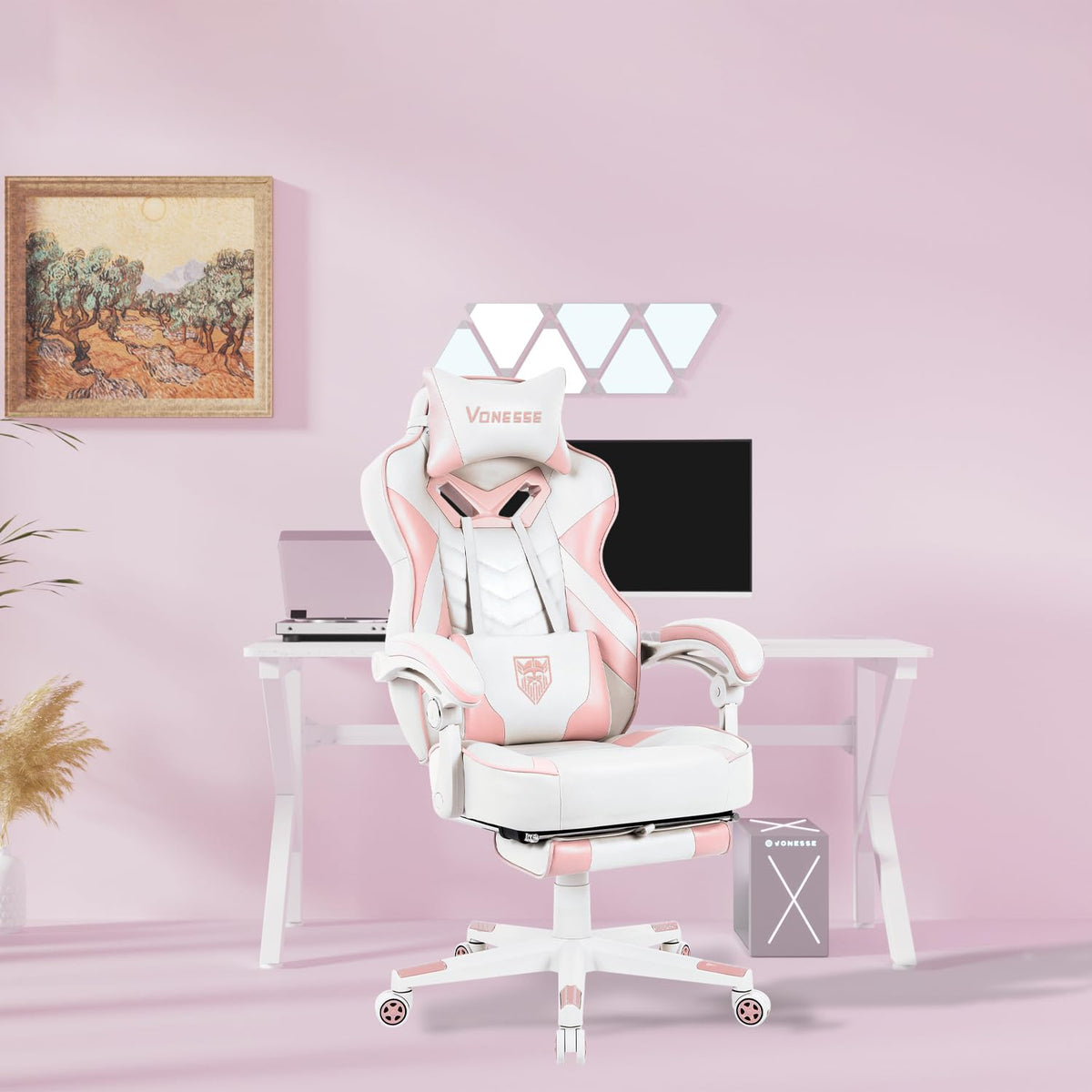 Pink Gaming Chair, Big and Tall Gaming Chair with Footrest and Massage, Gaming Chairs for Adults with Lumbar Support