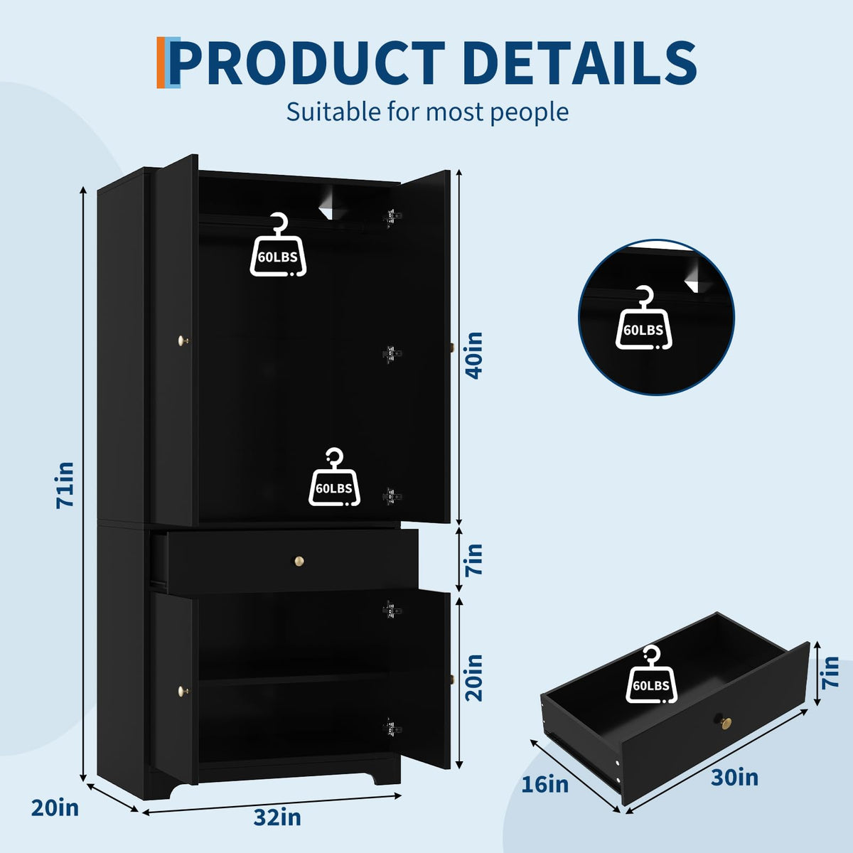 71" Armoire Wardrobe Closet Bedroom Armoire Clothing Storage Cabinet