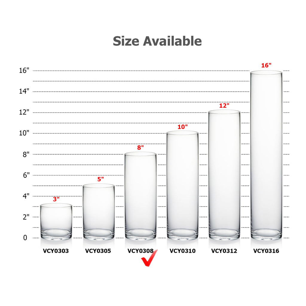Quality Thick Clear Cylinder Glass Vases, 3" W x 8" H, Bud Vase Skinny Narrow Floral Bouquet Flower Container for