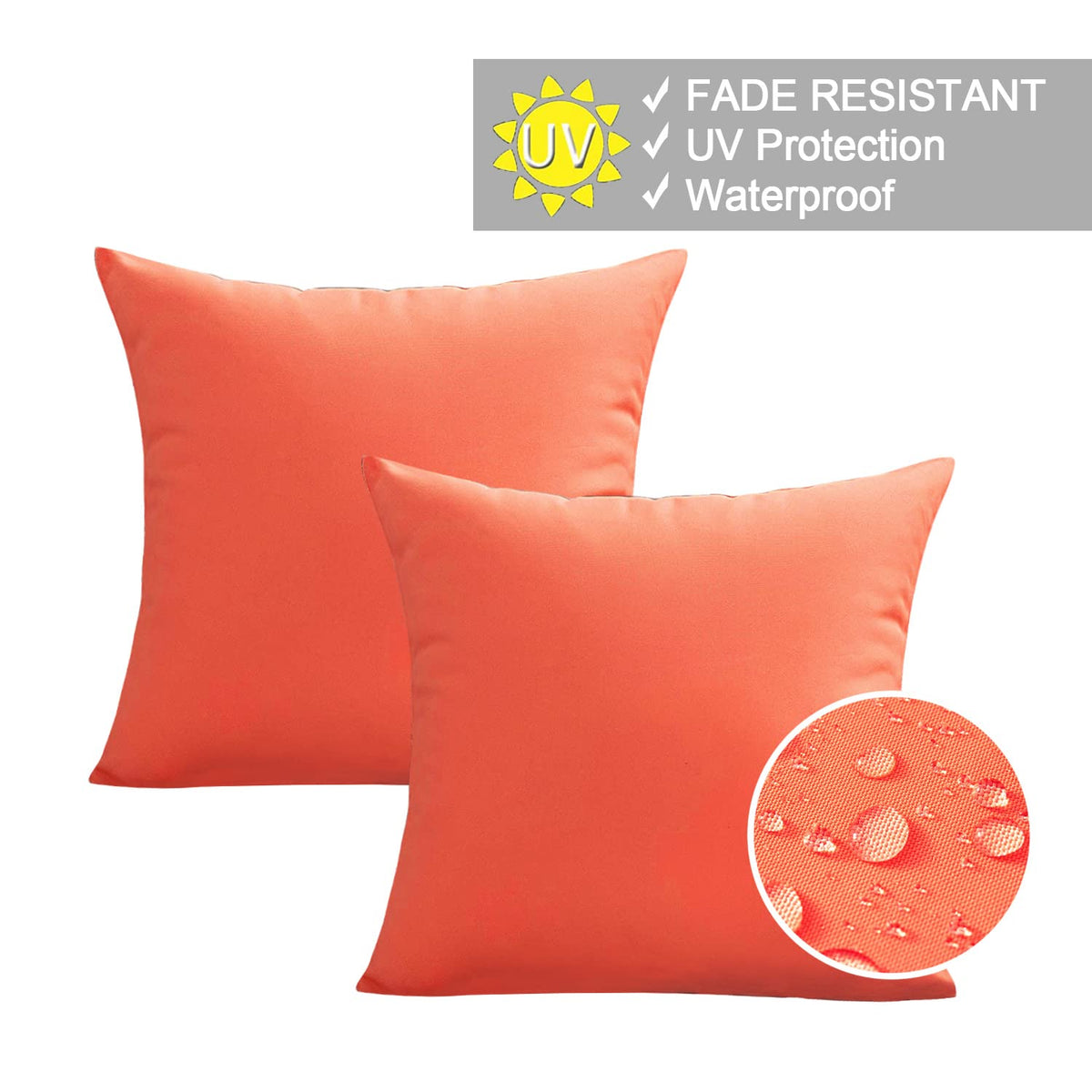 Orange Waterproof Outdoor Throw Pillow Covers 26x26 Set of 2 UV Fade