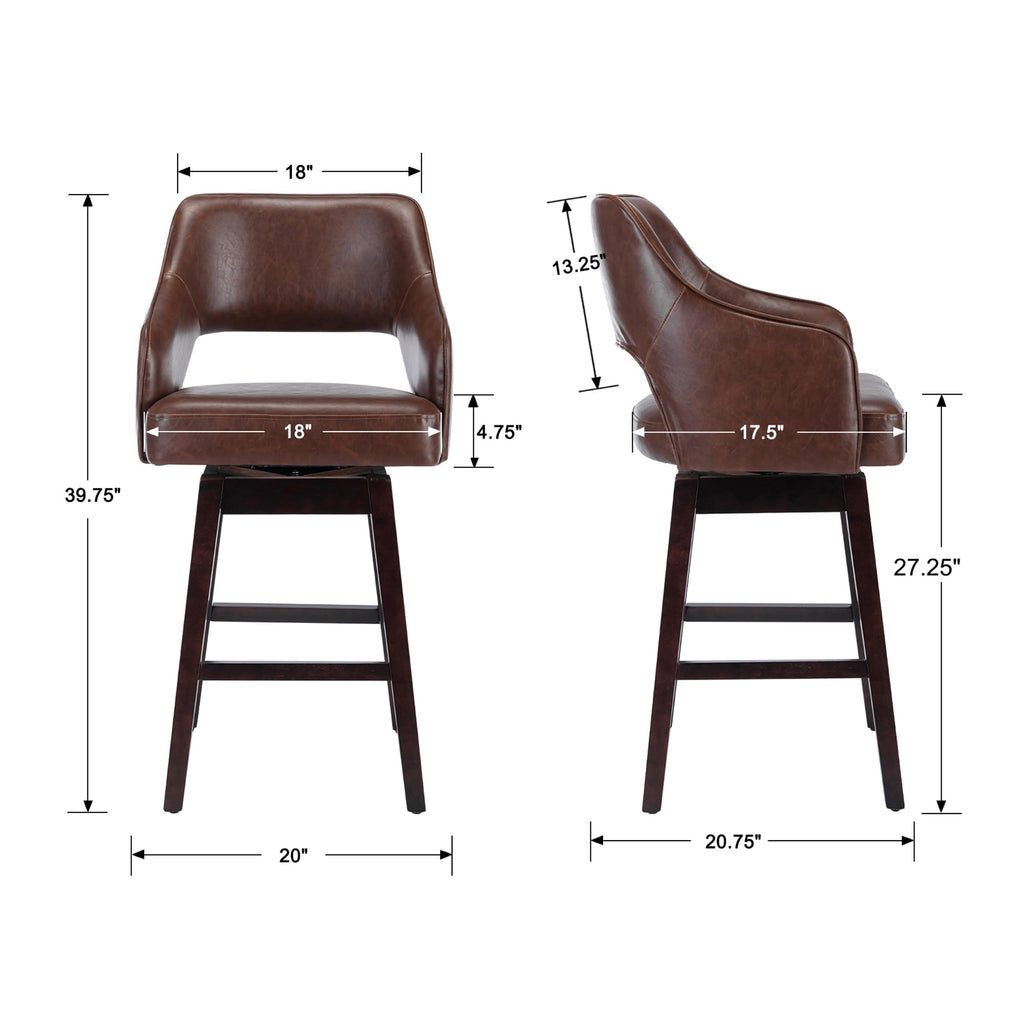 Farmhouse Swivel Counter Stools Set of 2 Island, 27" Barstools with Open Back, PU Leather Upholstered Stool Chair