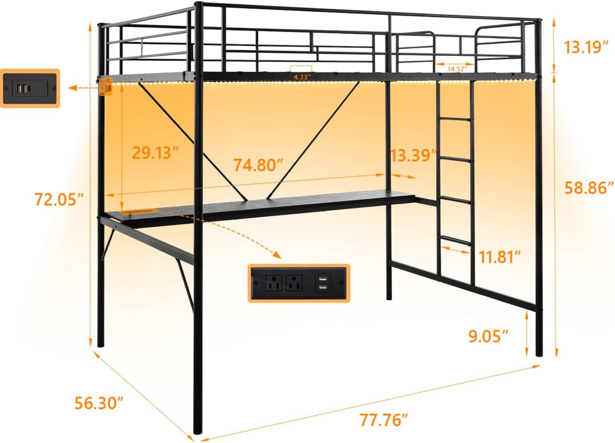 Full Metal Loft Bunk Bed Frame for Kids Teens Adults with Desk Underneath,2 Charging Station,LED Lights,Safety