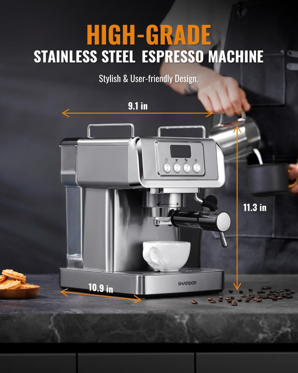 20 Bar Espresso Machine with LCD Display and Steam Wand
