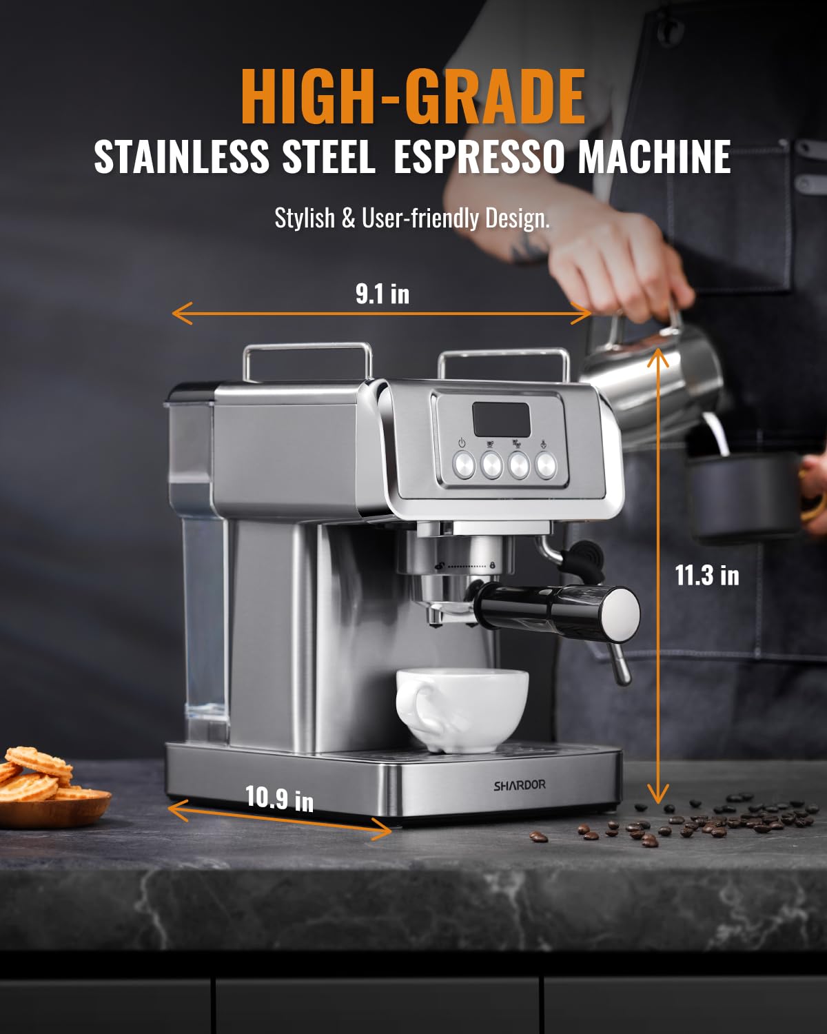 20 Bar Espresso Machine with LCD Display and Steam Wand