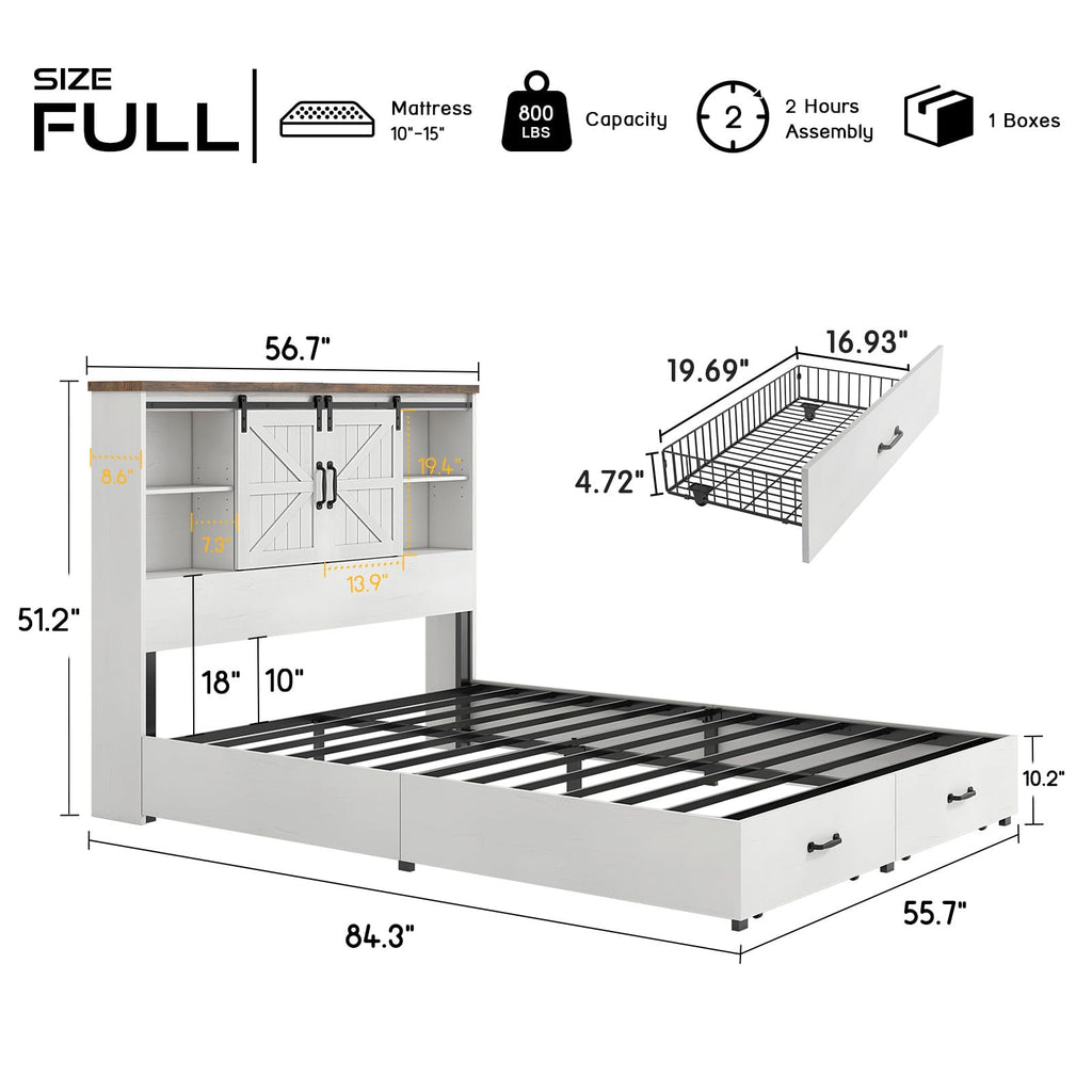 Farmhouse Bed Frame with 51.2" Bookcase Headboard, Wooden Platform Bed with 2 Drawers, Sliding Barn Door