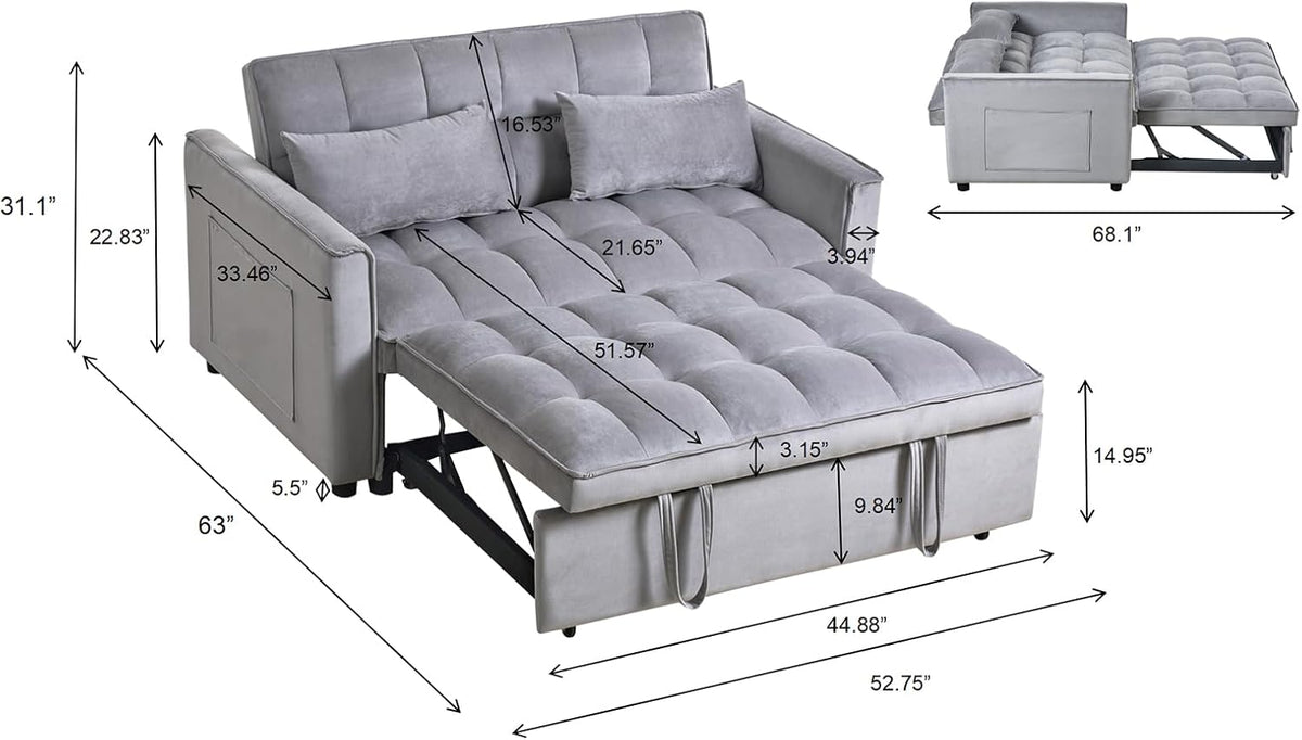 53" Sleeper Sofa, 3-in-1 Convertible Pull Out Couch, Velvet Loveseat with Adjustable Backrest, Side Pockets & 2