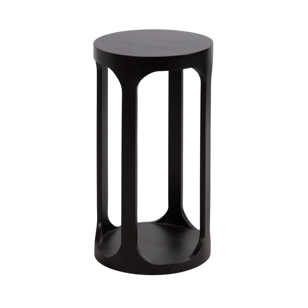 Inspired Saarinen Style Dahl Modern Slatted Wooden Round Drink Table; 12 x 23; Black; Transitional Wood Accent Pedestal Table for Use as